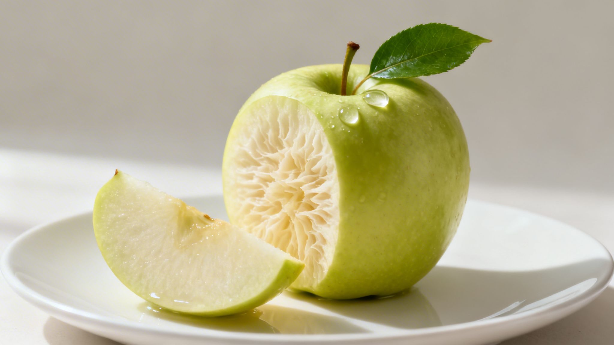 Manzana verde fresca con un corte que revela su textura única, una hoja y gotas de agua, junto a una rodaja en un plato blanco.