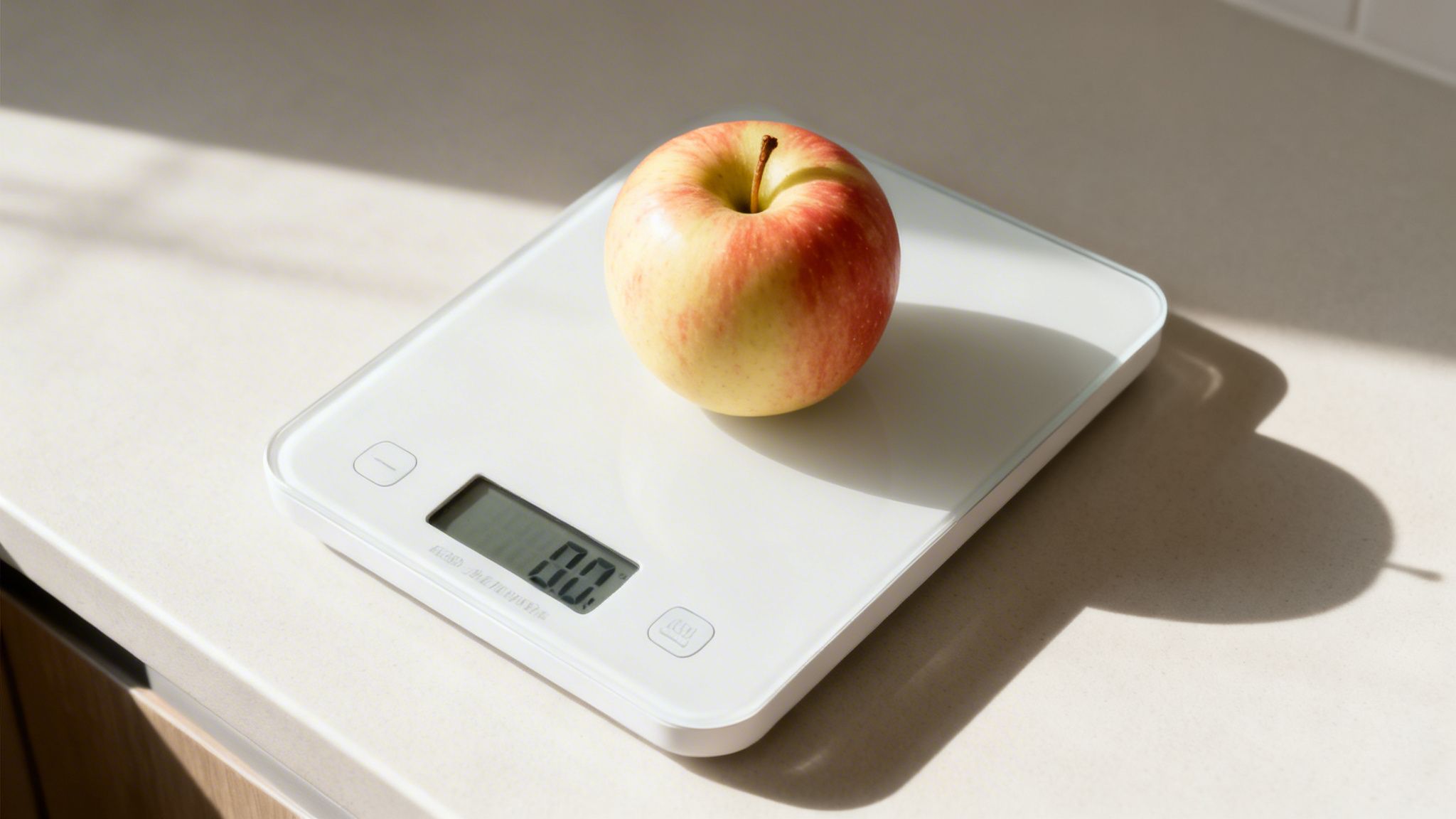 Manzana fresca sobre báscula de cocina digital con lectura de 0.0, iluminada por el sol.