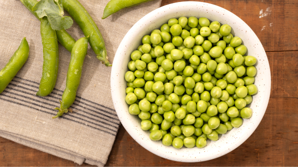 Guisantes del Maresme en plato blanco con vainas al lado