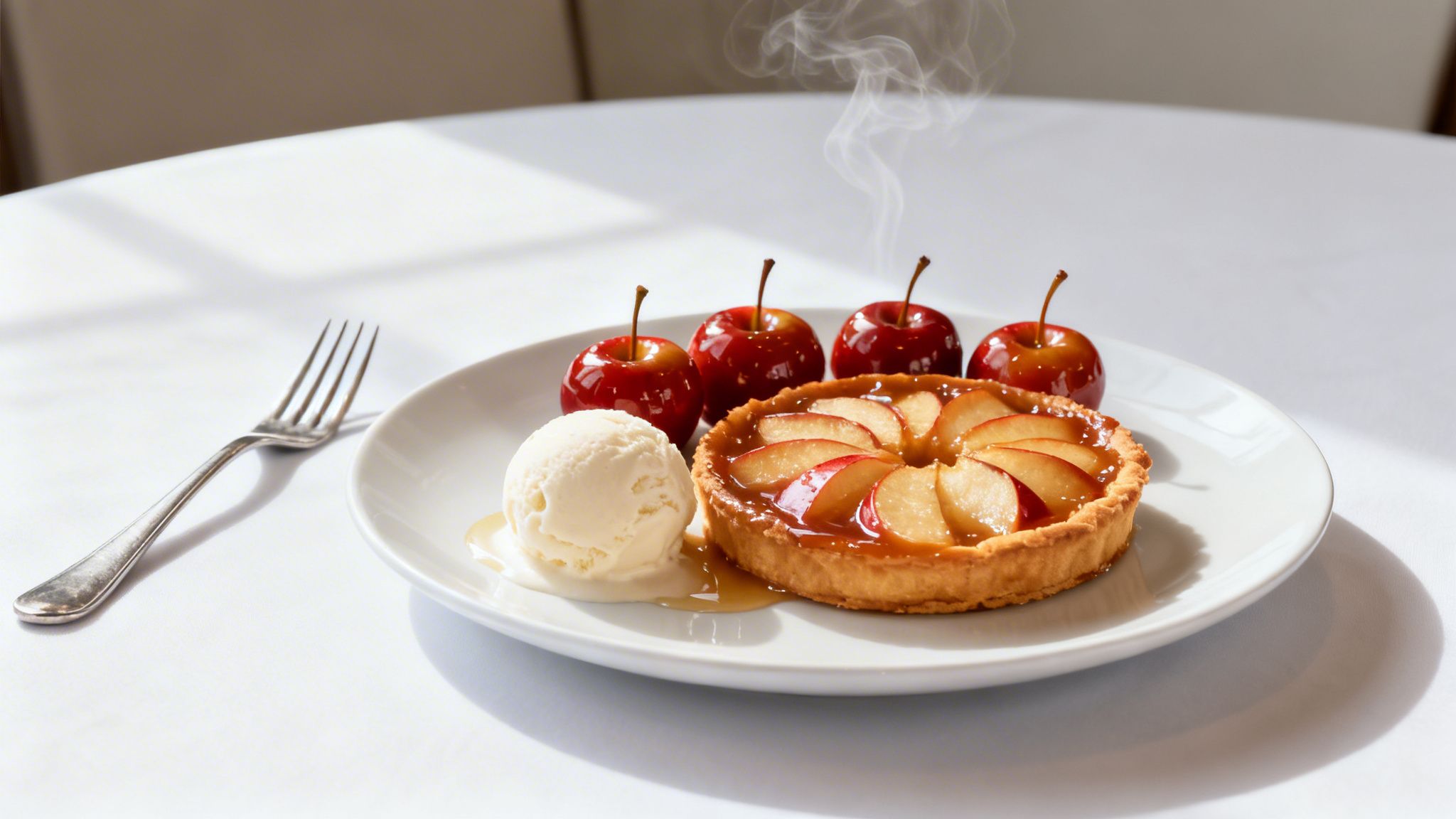 Tarta de manzana caliente con helado de vainilla y manzanas confitadas en un plato blanco.