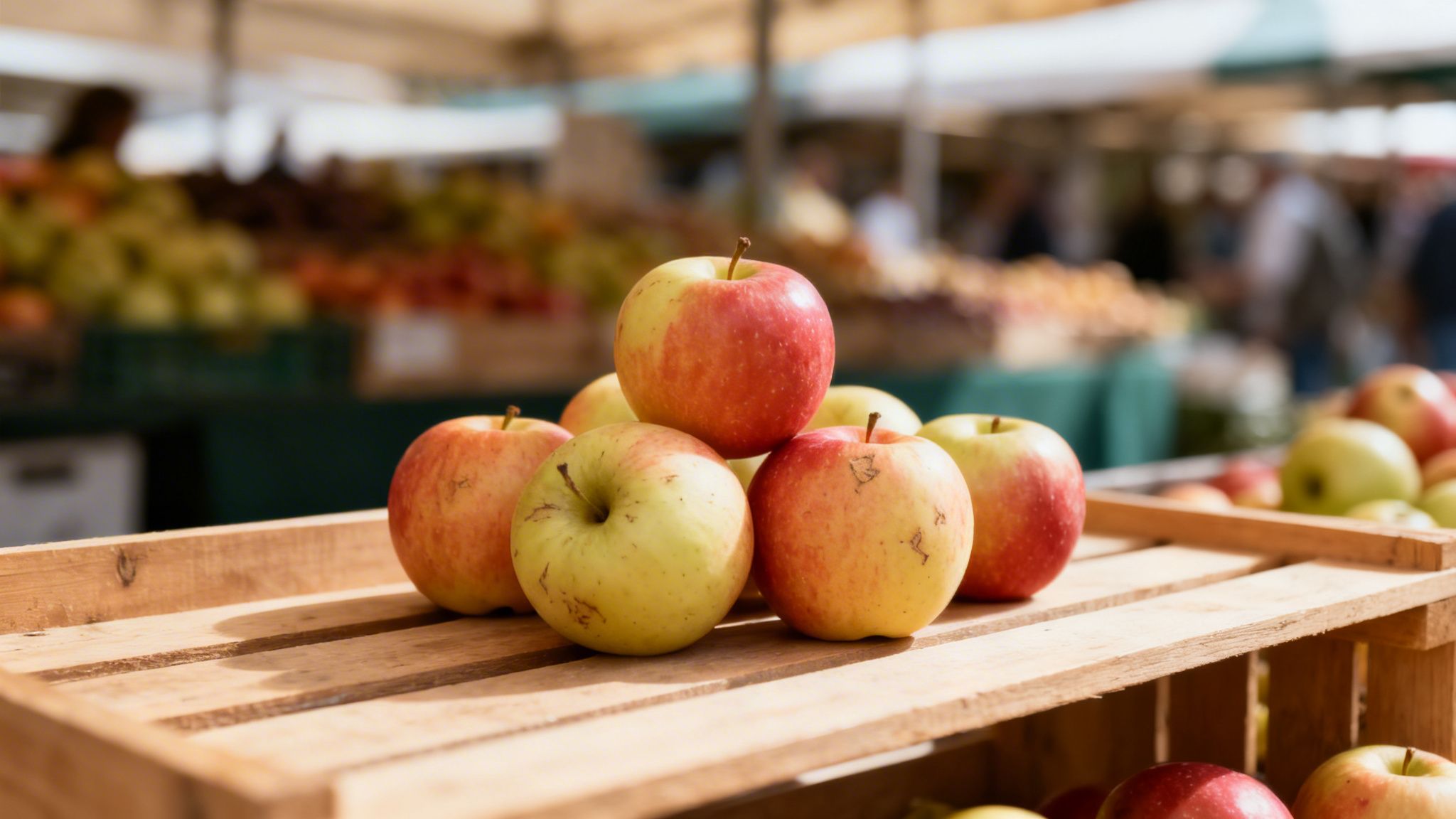 Manzanas frescas rojas y amarillas apiladas en una caja de madera en un mercado de agricultores.