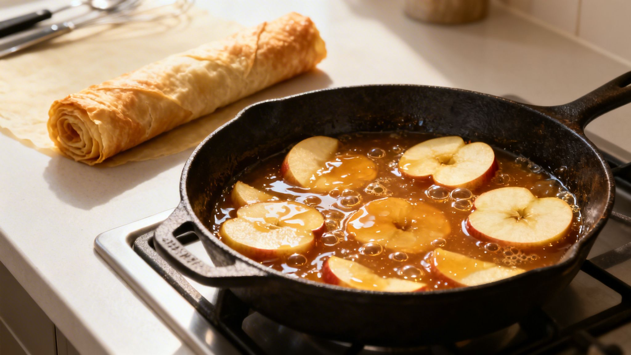 Manzanas en salsa cocinándose en sartén de hierro fundido con masa enrollada para tarta.