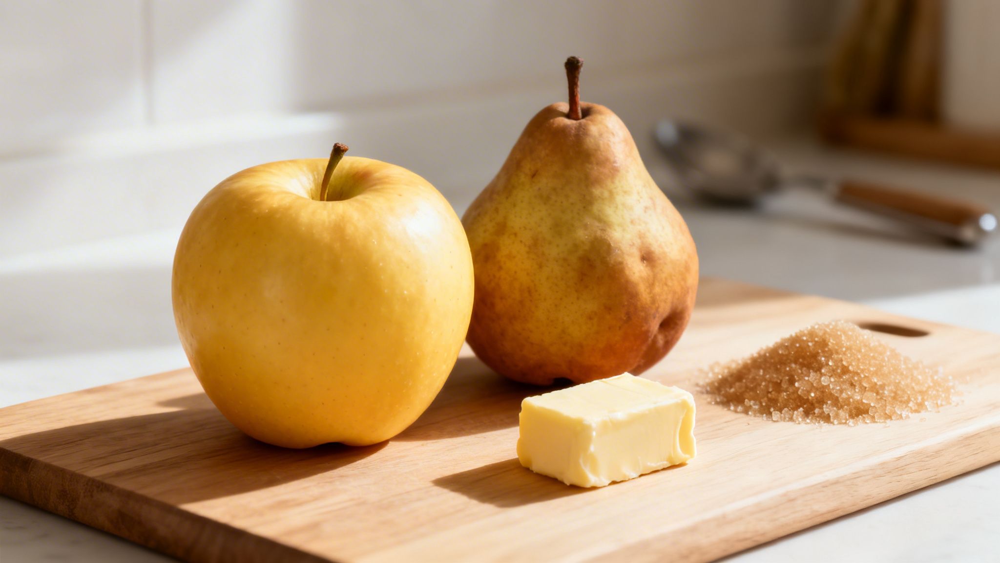 Manzana amarilla, pera, mantequilla y azúcar moreno sobre tabla de cortar de madera.