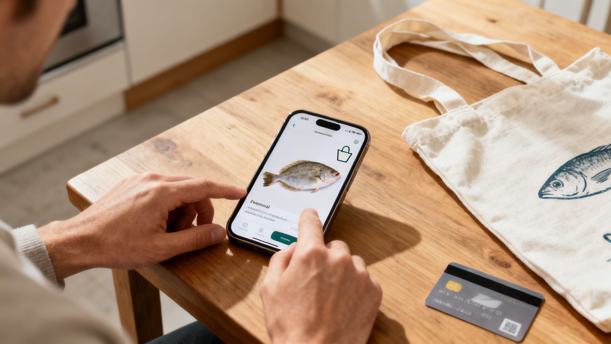 Persona comprando pescado fresco en línea con su teléfono móvil, bolsa de tela y tarjeta de crédito en una mesa de madera.