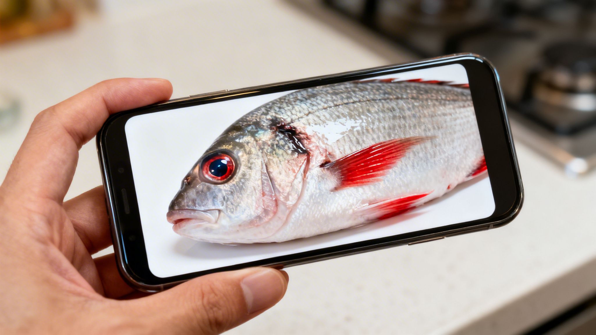 Mano sosteniendo un smartphone que muestra una imagen de pescado fresco con aletas rojas en una cocina.