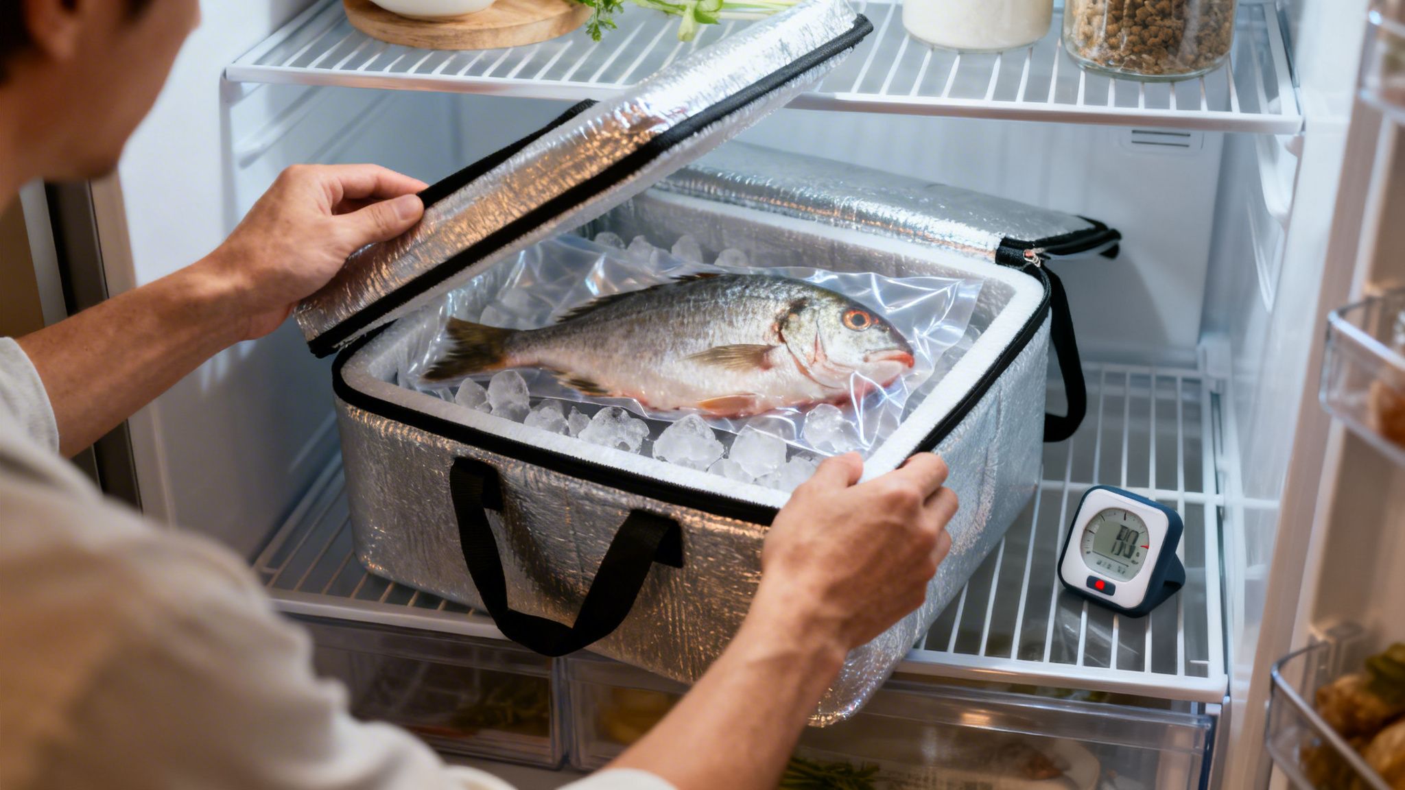 Hombre guardando pescado fresco en una nevera, dentro de una bolsa térmica con hielo, manteniendo la temperatura ideal.