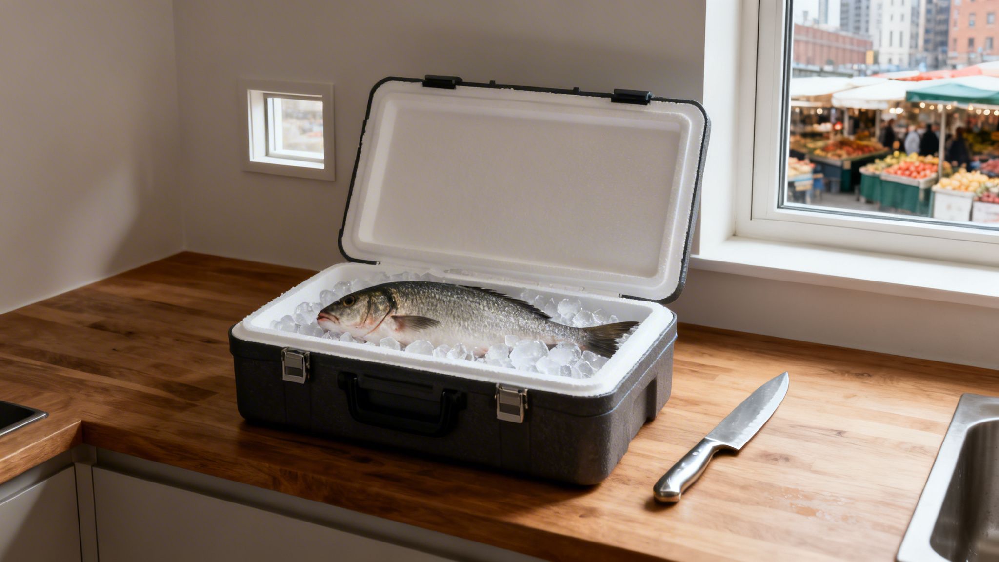 Pescado fresco entero sobre hielo en un enfriador abierto, junto a un cuchillo y una ventana con vista a un mercado.