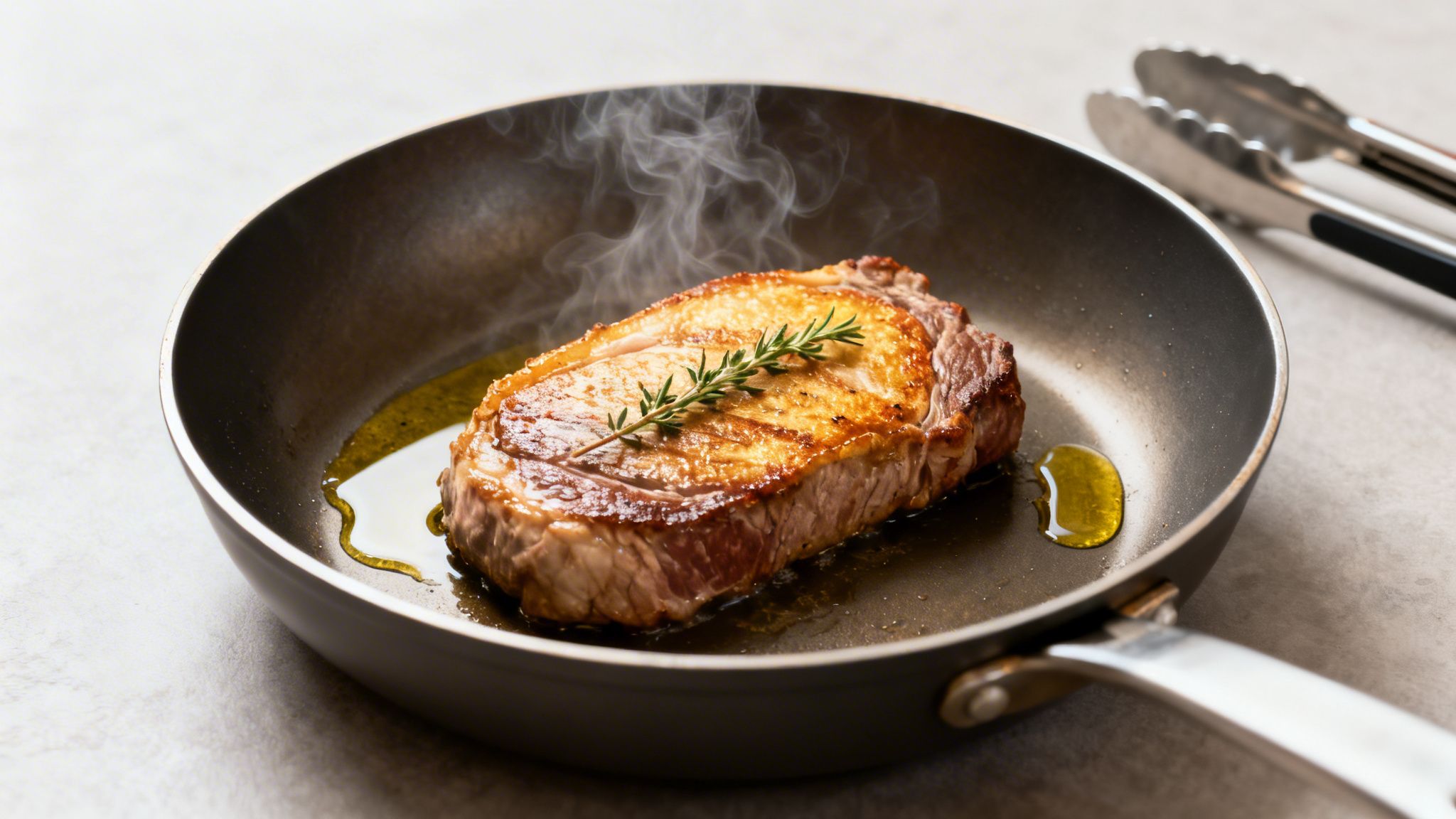 Filete de ternera chispeante en una sartén con romero y aceite de oliva, humeante.