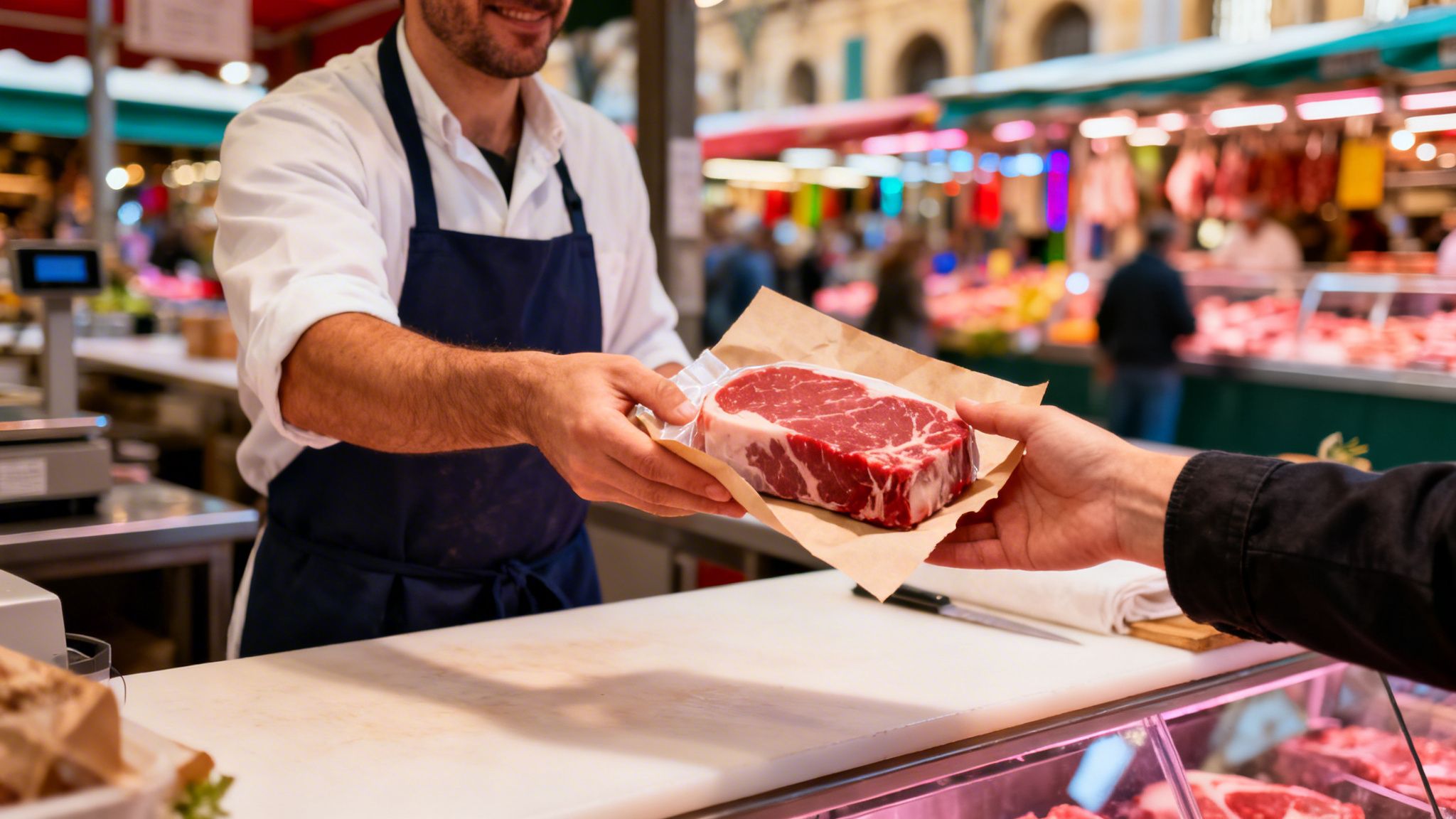 Carnicero sonriente entrega un filete de ternera envasado a un cliente en un concurrido mercado de carne.