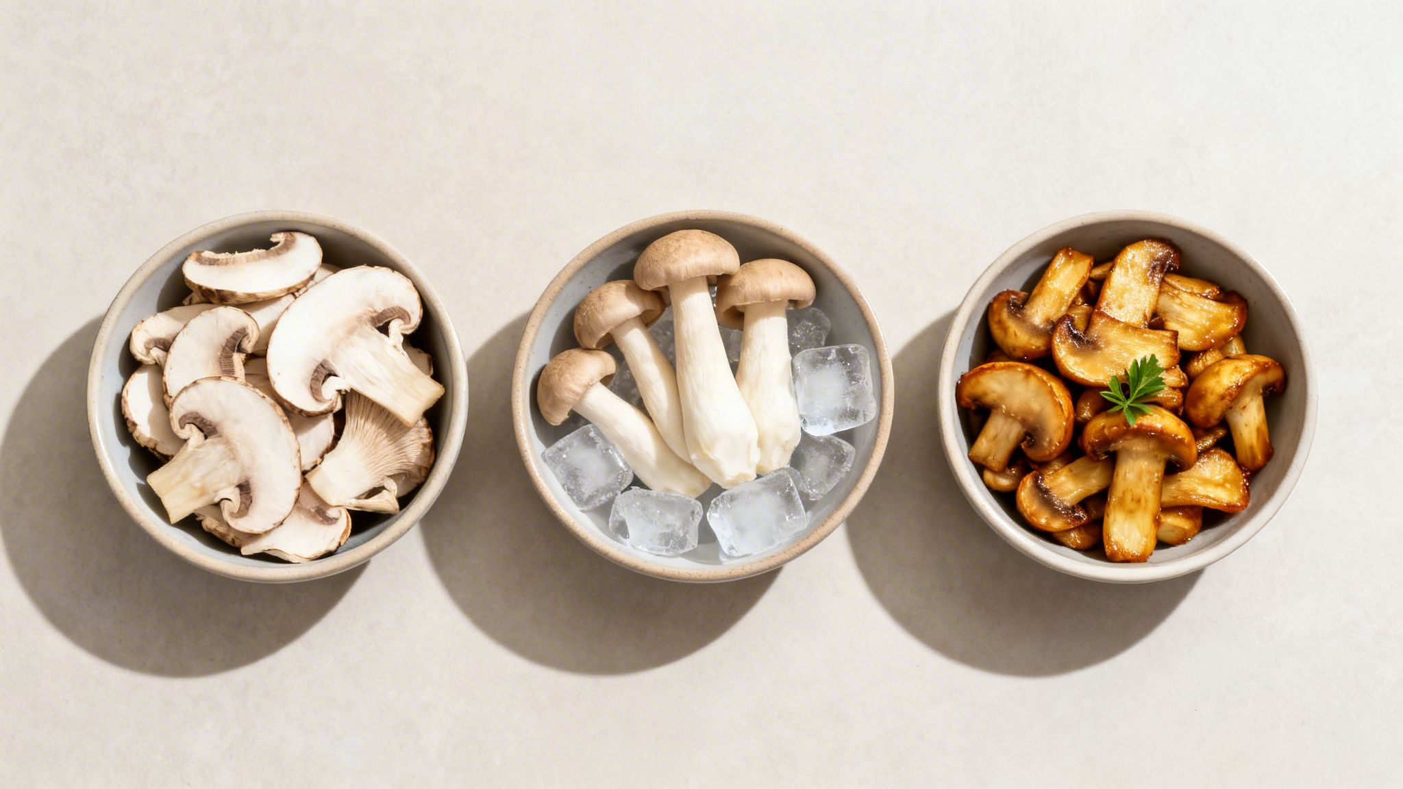 Tres tazones con hongos: champiñones blancos en rodajas, setas enteras con hielo y champiñones salteados.