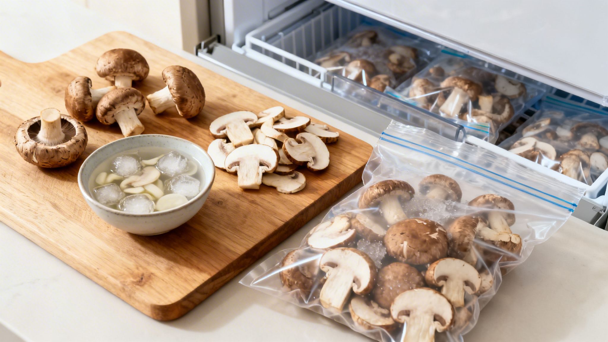 setas entreras y troceadas en una tabla de madera