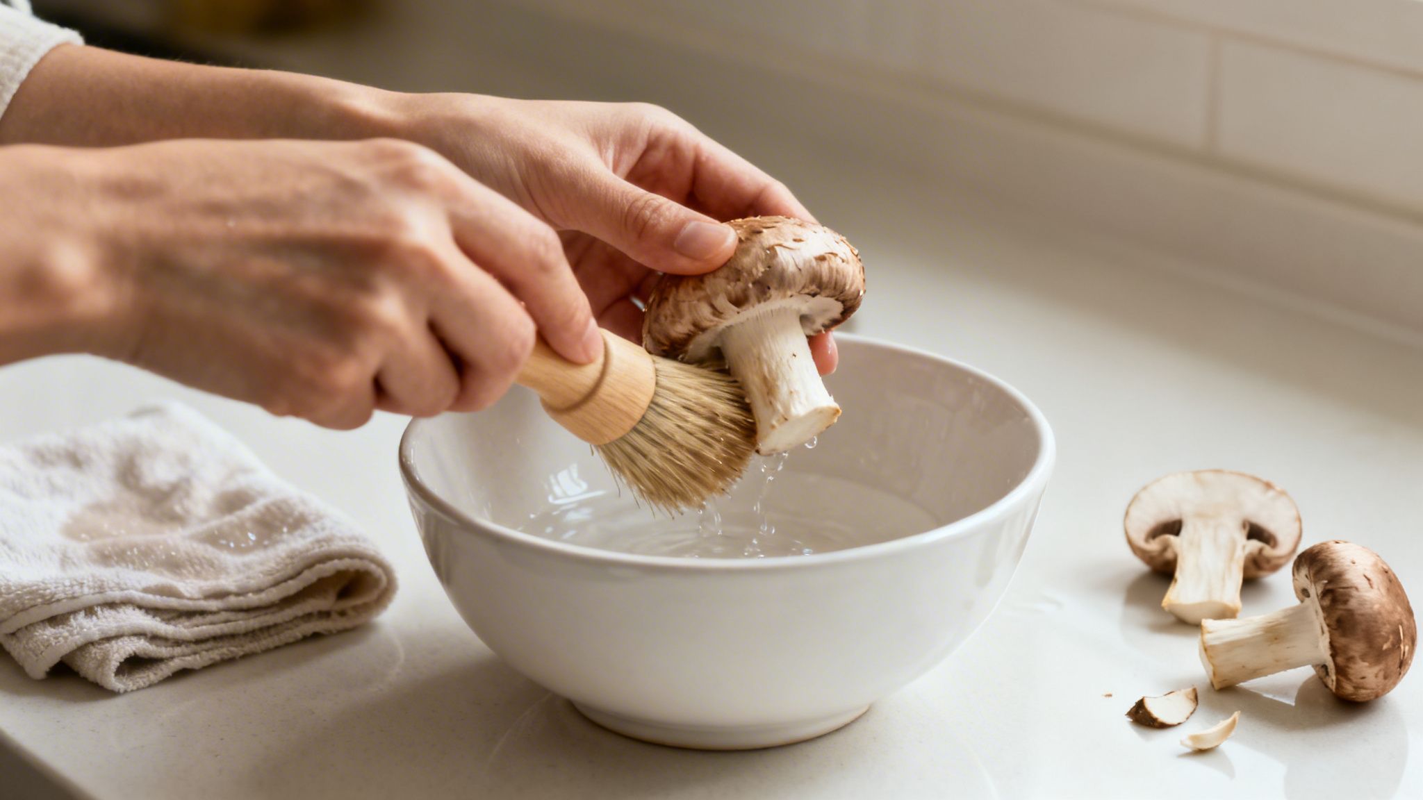 Manos limpiando un champiñón con un cepillo sobre un cuenco de agua, preparando verduras.