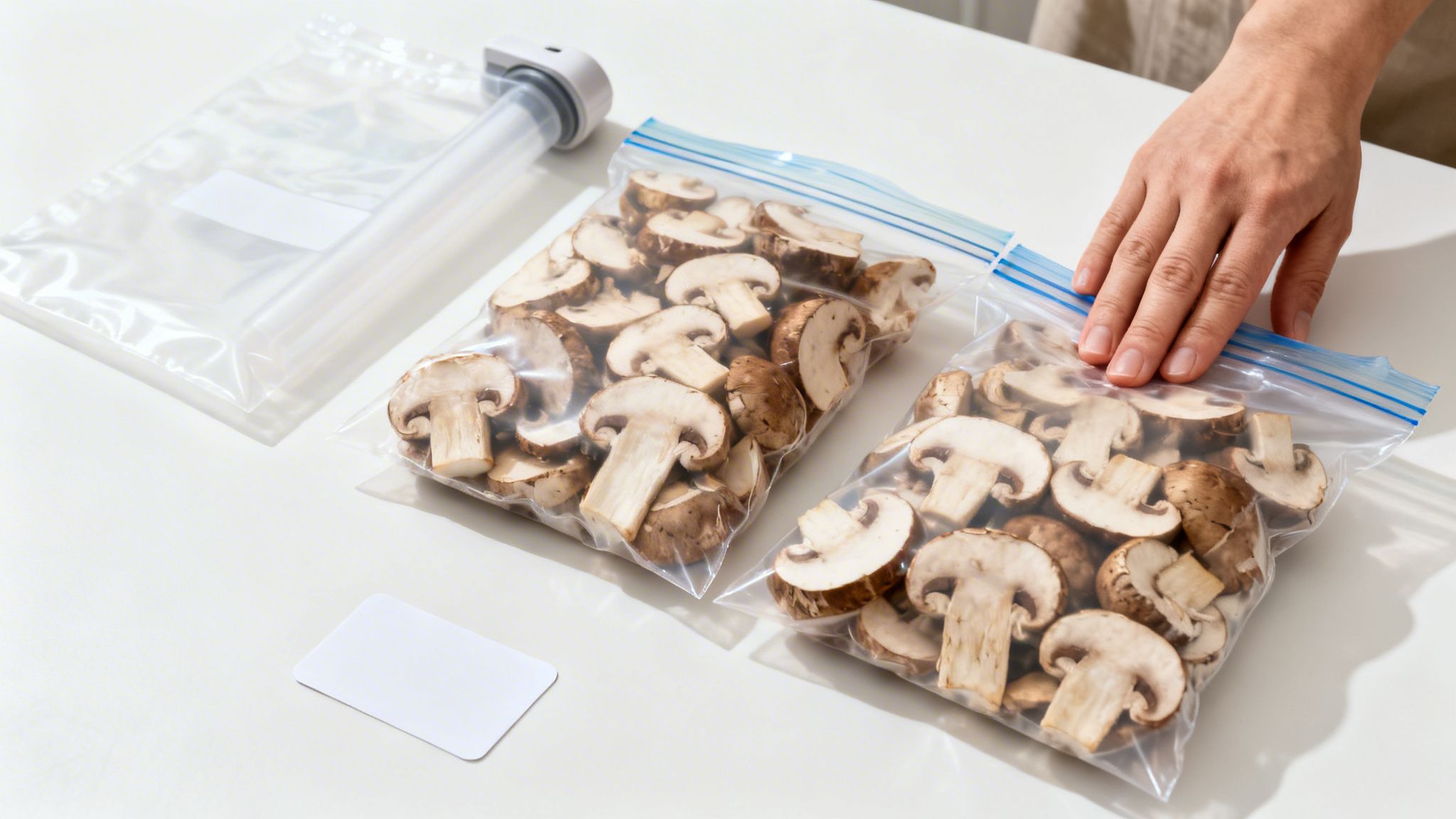 Una persona sella bolsas con champiñones en rodajas para congelar. Se ve una bomba de vacío y una tarjeta.