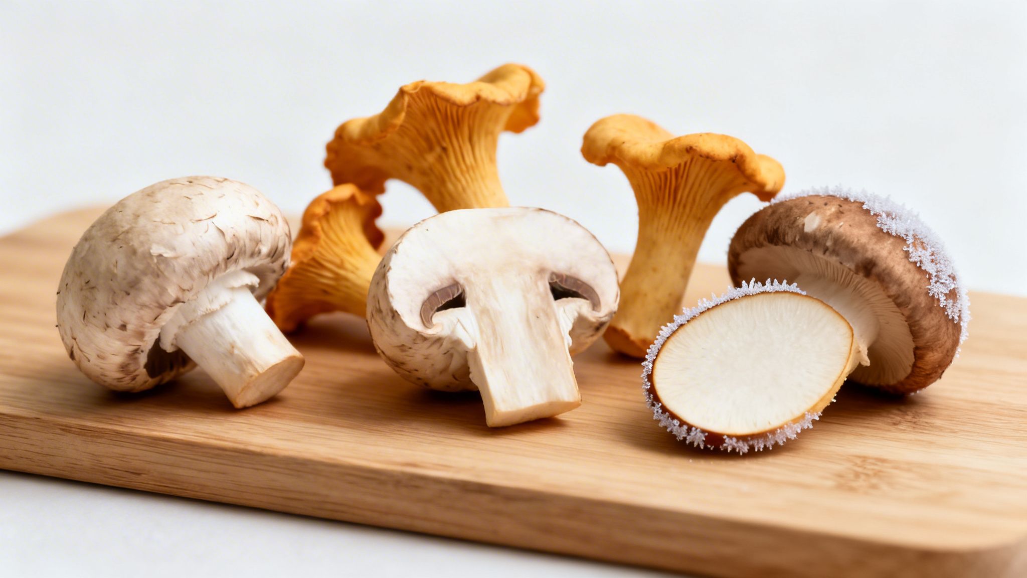 Variedad de setas frescas, incluyendo champiñones y rebozuelos, algunas escarchadas sobre tabla de madera.