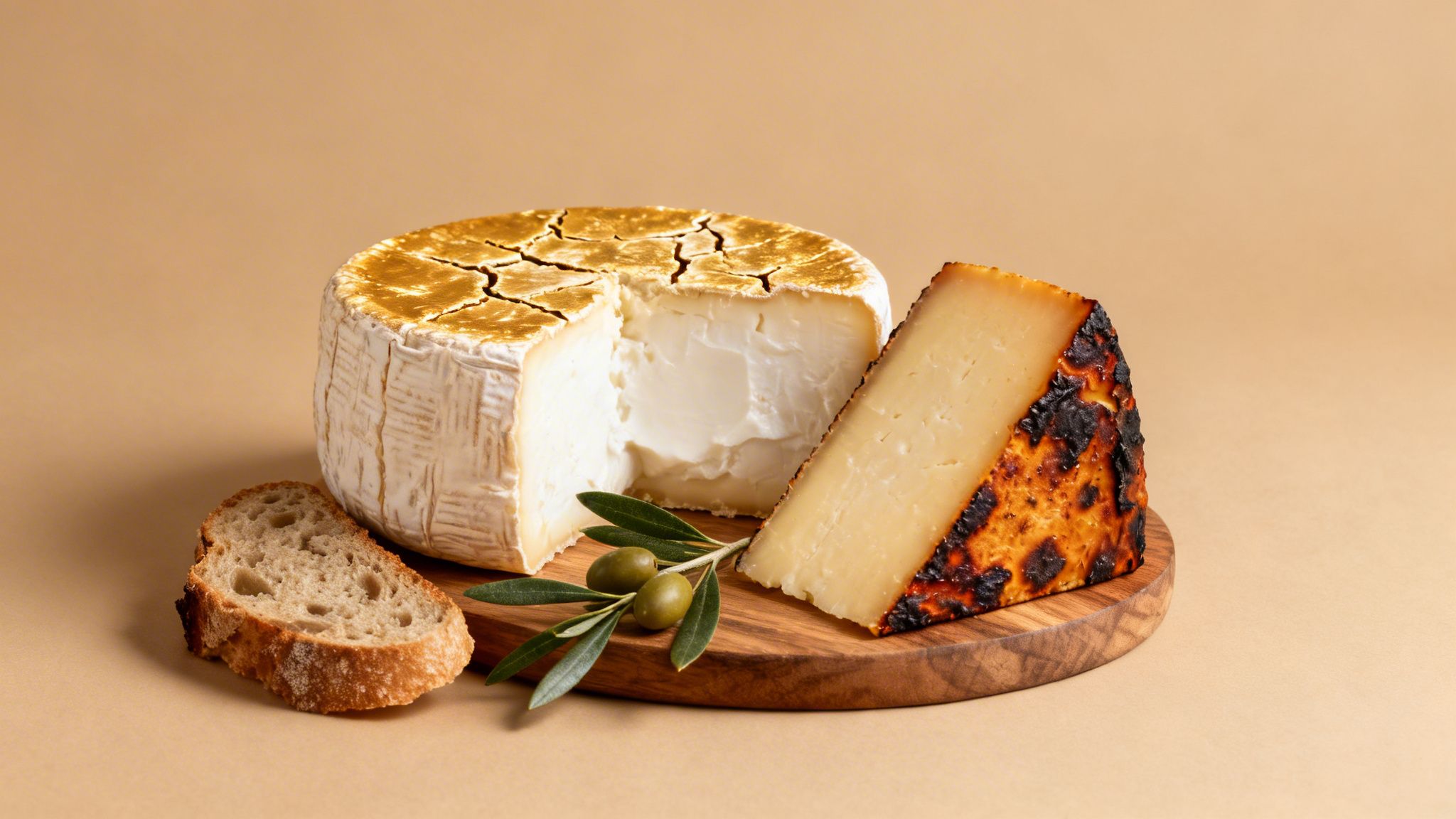 Variedad de quesos, uno redondo con corte y otro tostado, pan y aceitunas en tabla de madera.