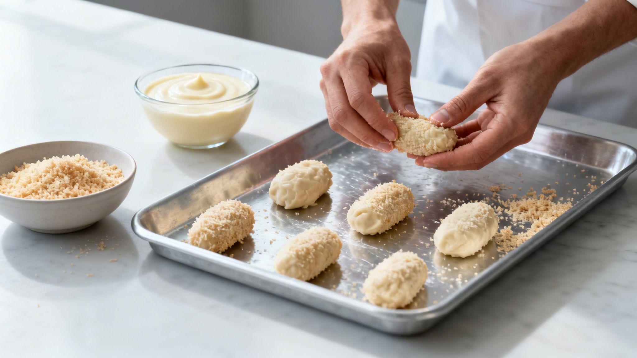 Manos empanizando croquetas caseras con pan rallado, preparándolas en una bandeja junto a una salsa cremosa.