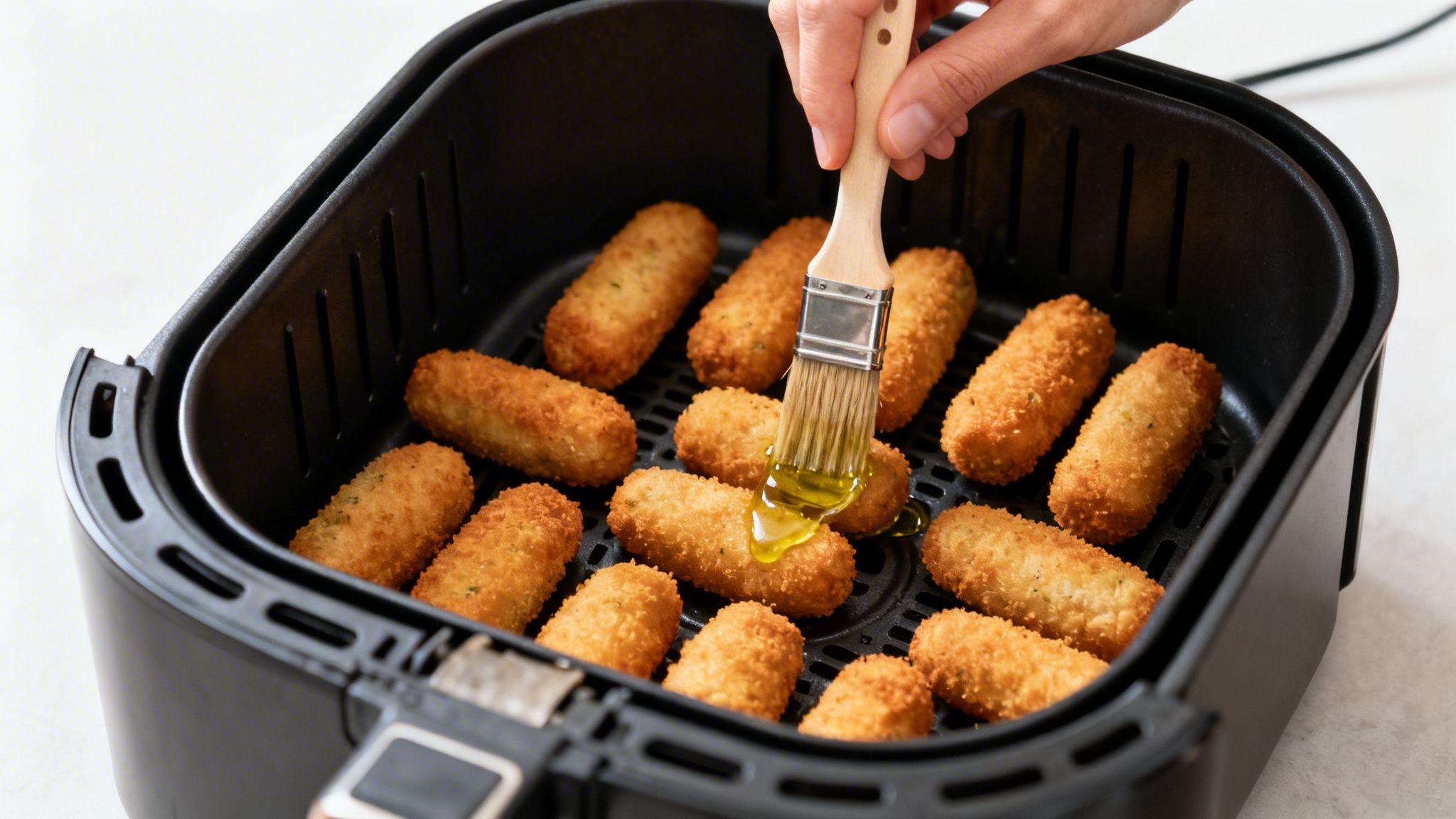 Una mano unta aceite con una brocha sobre croquetas doradas en una freidora de aire.