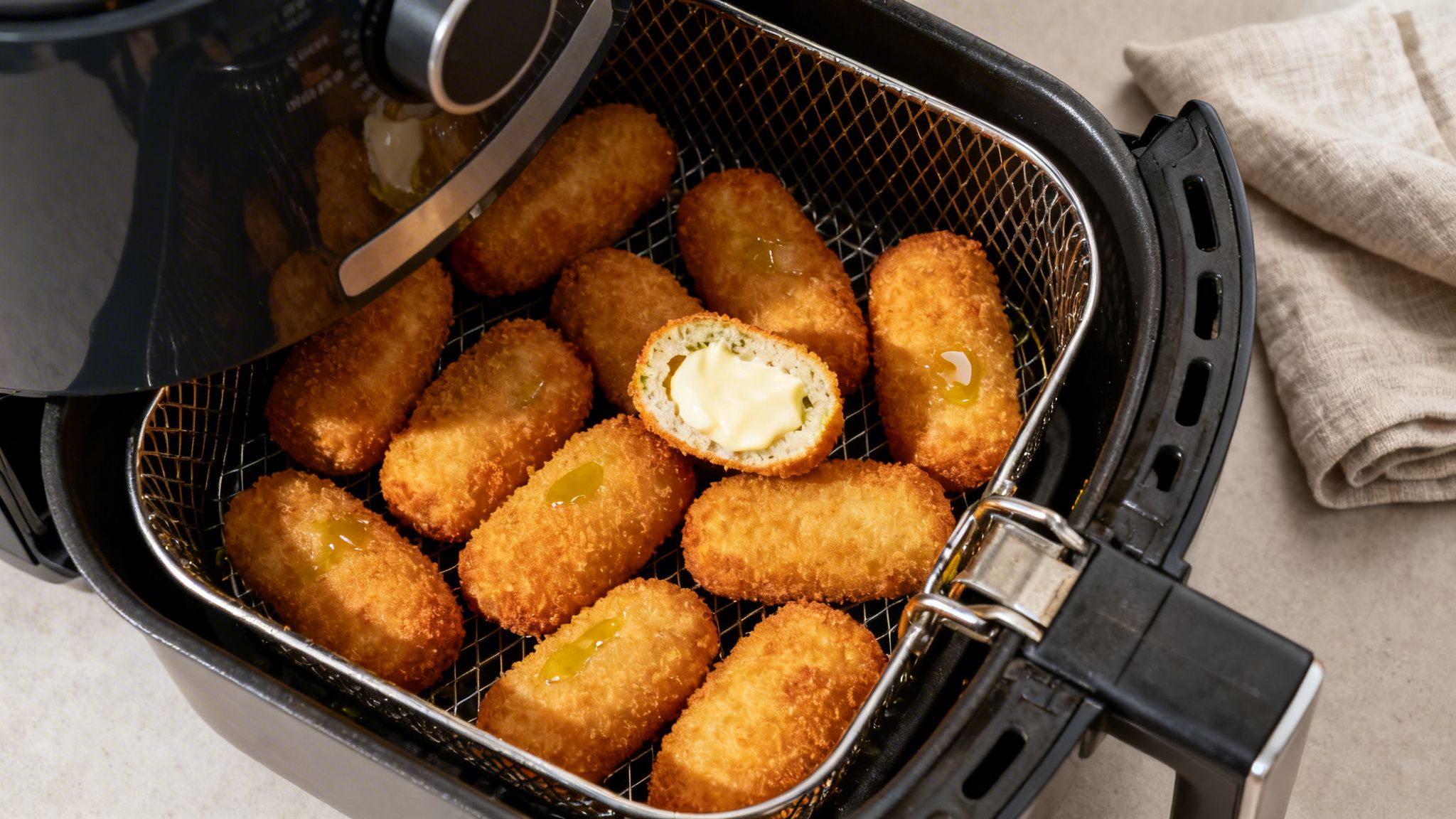 Croquetas doradas y crujientes en una freidora de aire, una abierta mostrando el relleno cremoso.