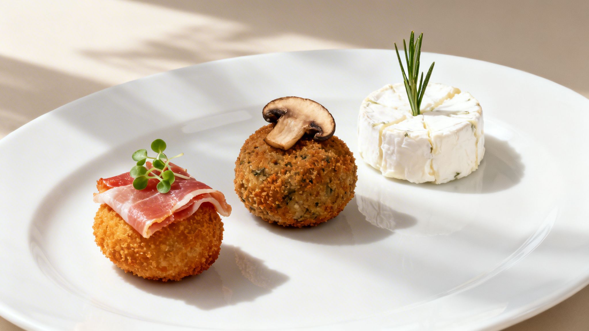 Tres aperitivos variados en plato blanco: croqueta de jamón, croqueta de champiñones y queso con romero.