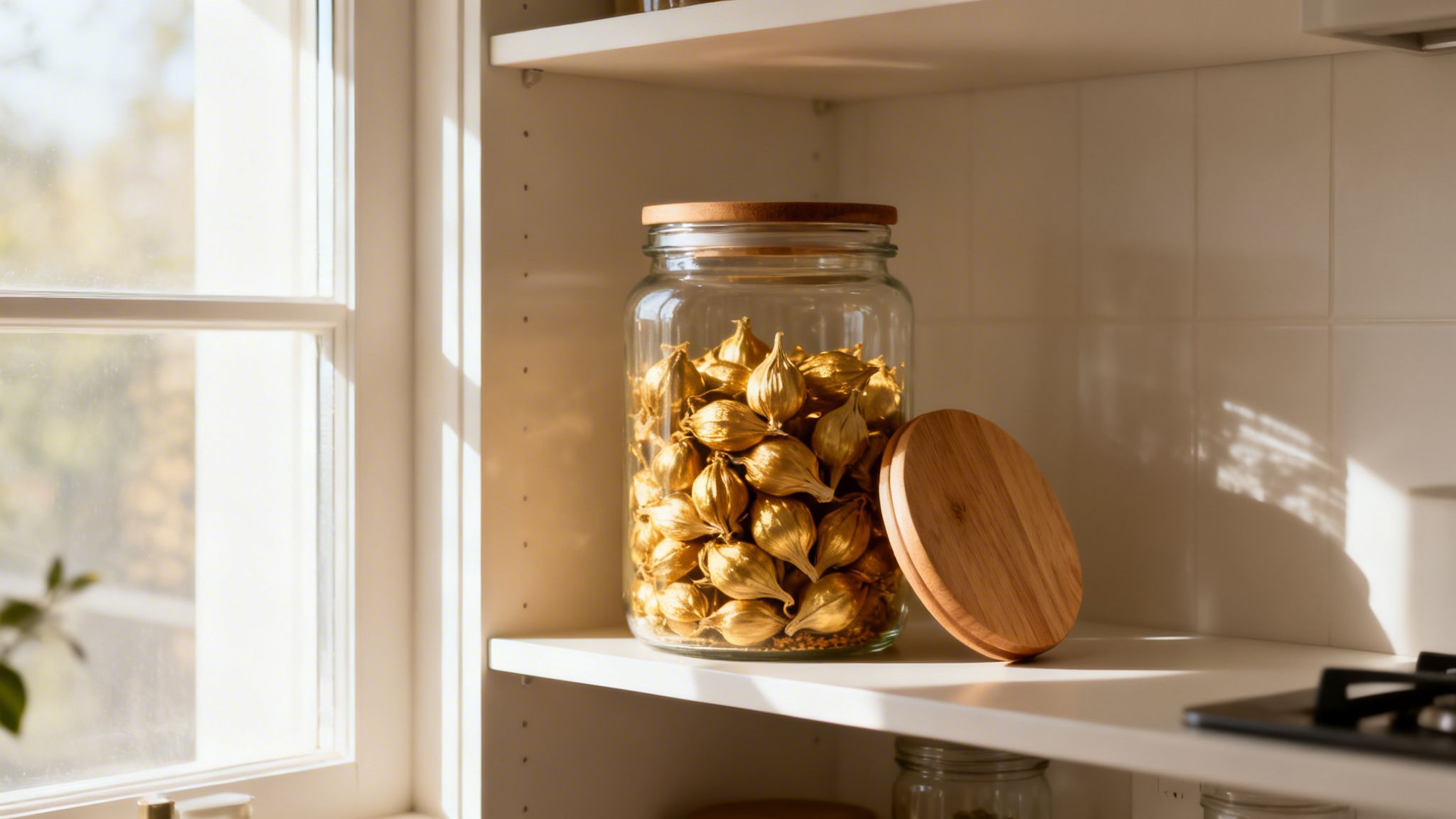 Tarro de cristal con decoraciones doradas en forma de vaina en una estantería blanca junto a la ventana soleada.