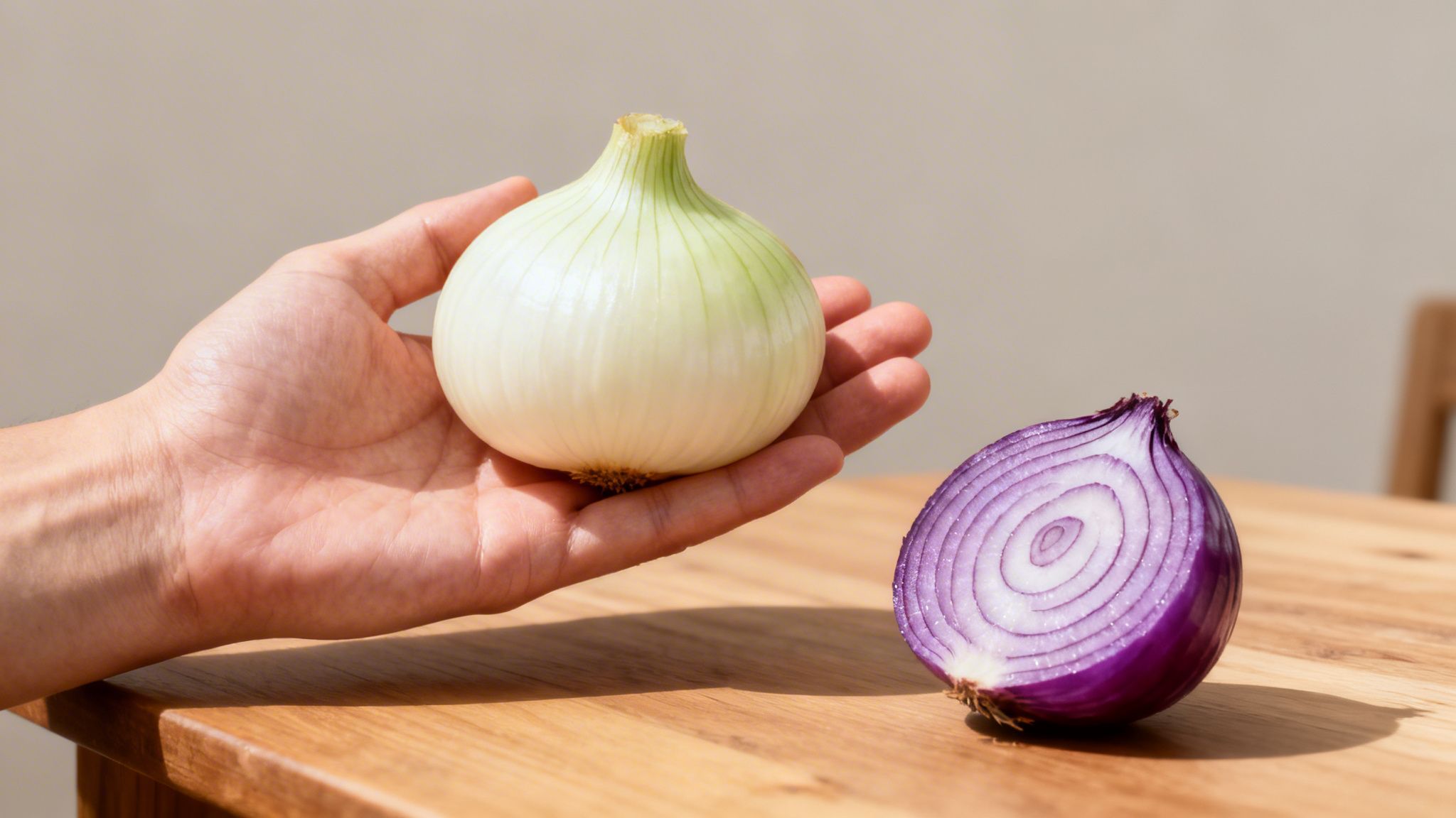 Una mano sostiene una cebolla blanca entera, mientras una cebolla morada partida descansa sobre una mesa de madera.