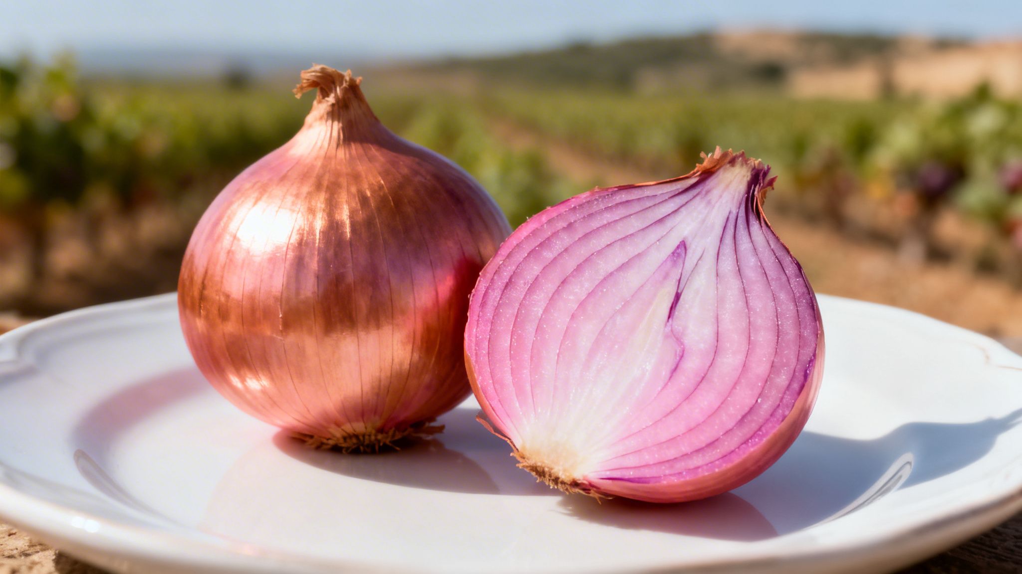 Dos cebollas de Figueras en un plato blanco, una entera y otra cortada por la mitad, con un campo de viñedos de fondo.