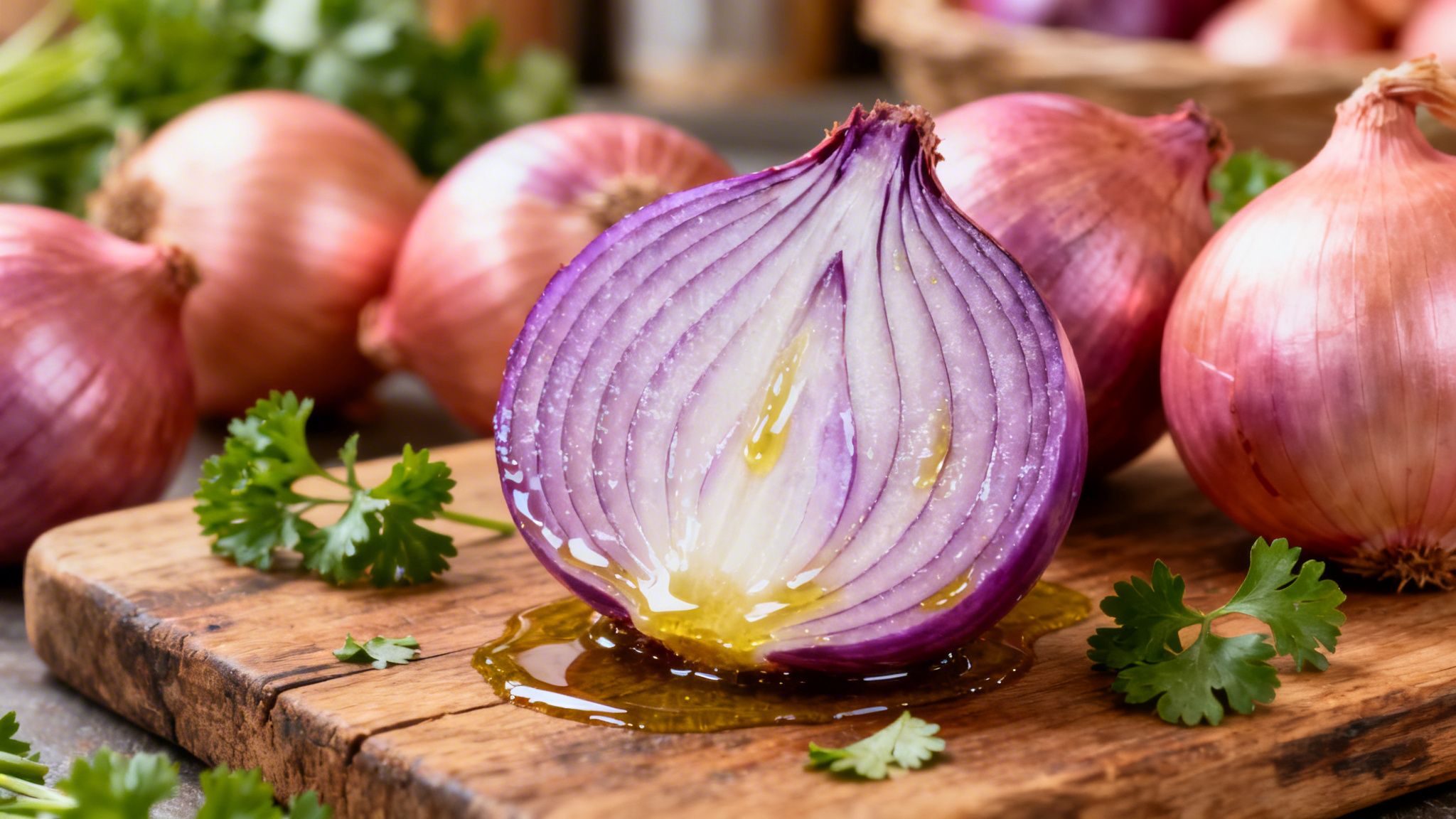 Una cebolla de figueres cortada por el centro en una tabla de madera