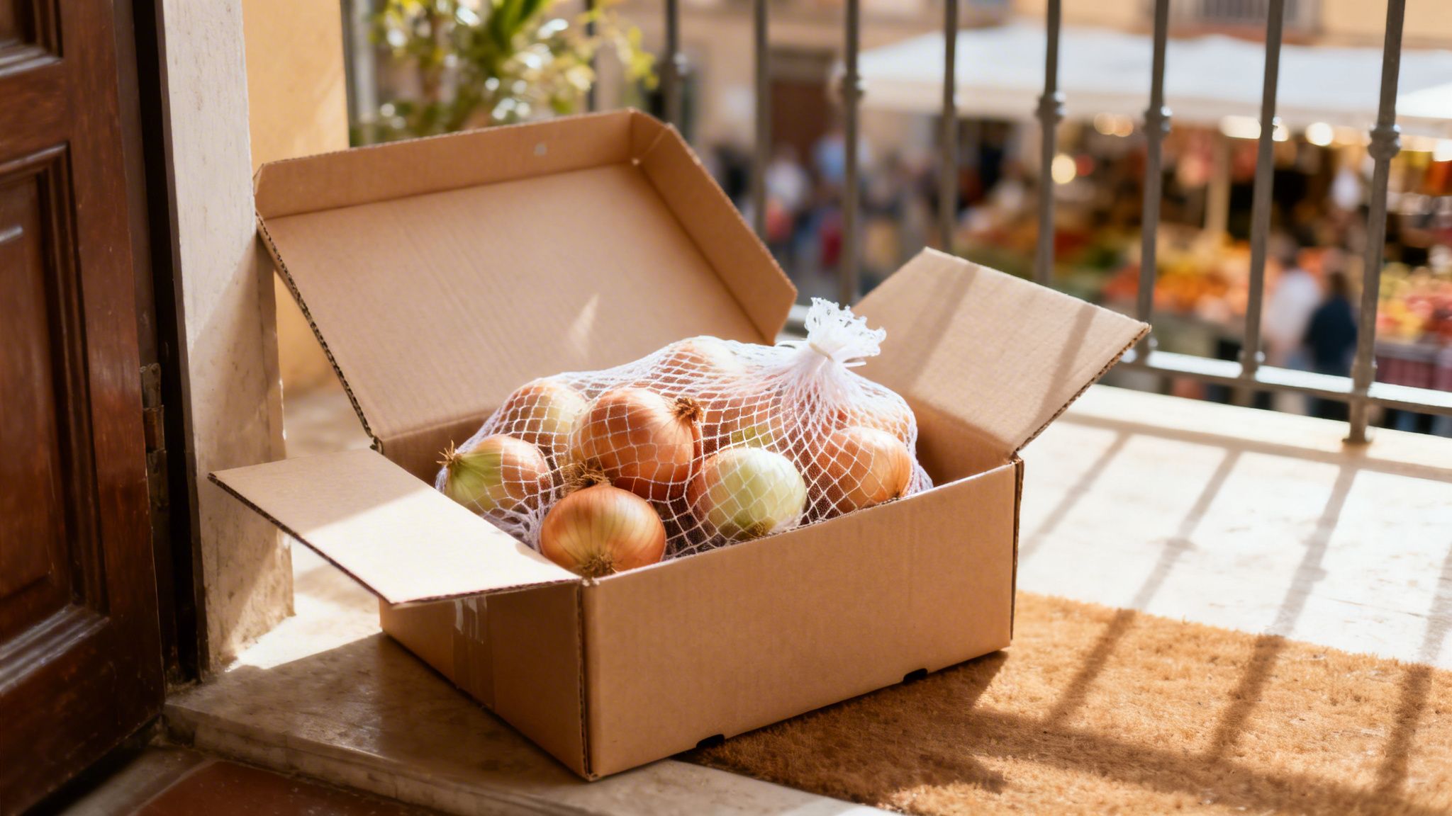Caja de cartón abierta con una red de cebollas, algunas blancas y marrones, en un felpudo.