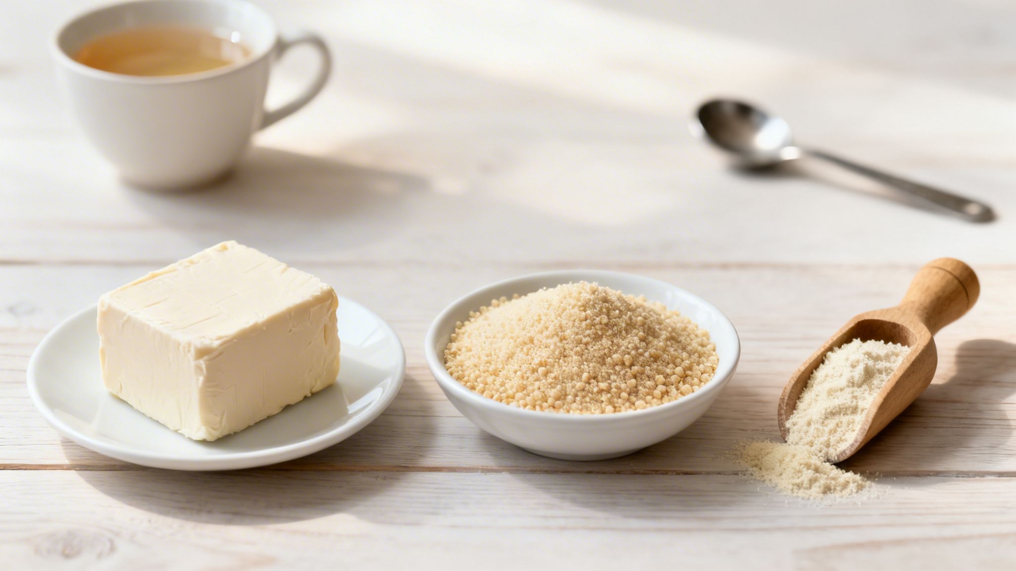 Ingredientes para hornear sin gluten: mantequilla, harinas diversas y una taza de té en mesa de madera.