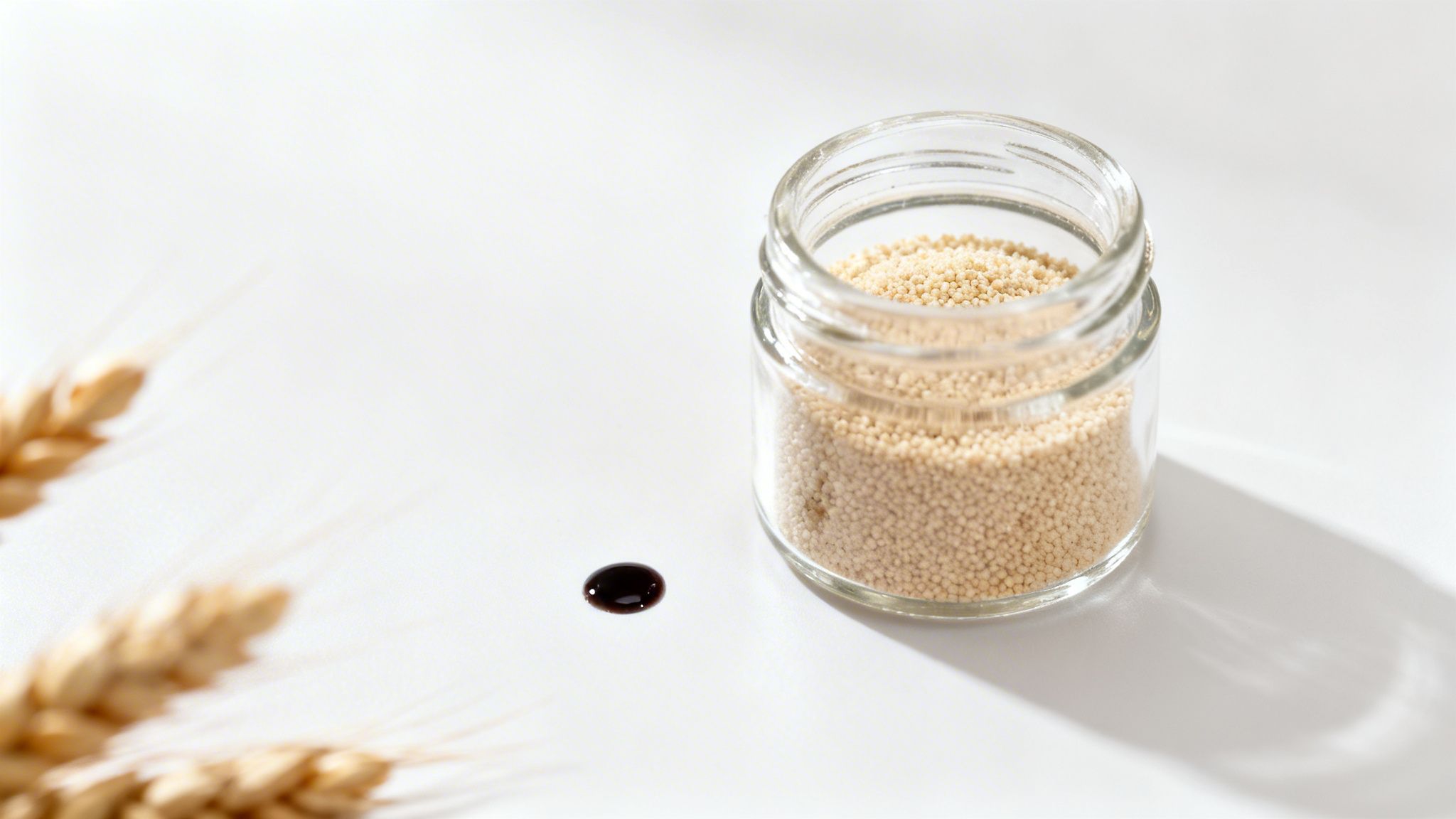 Frasco de levadura sin gluten granulada con una gota oscura y espigas de trigo borrosas sobre fondo blanco.