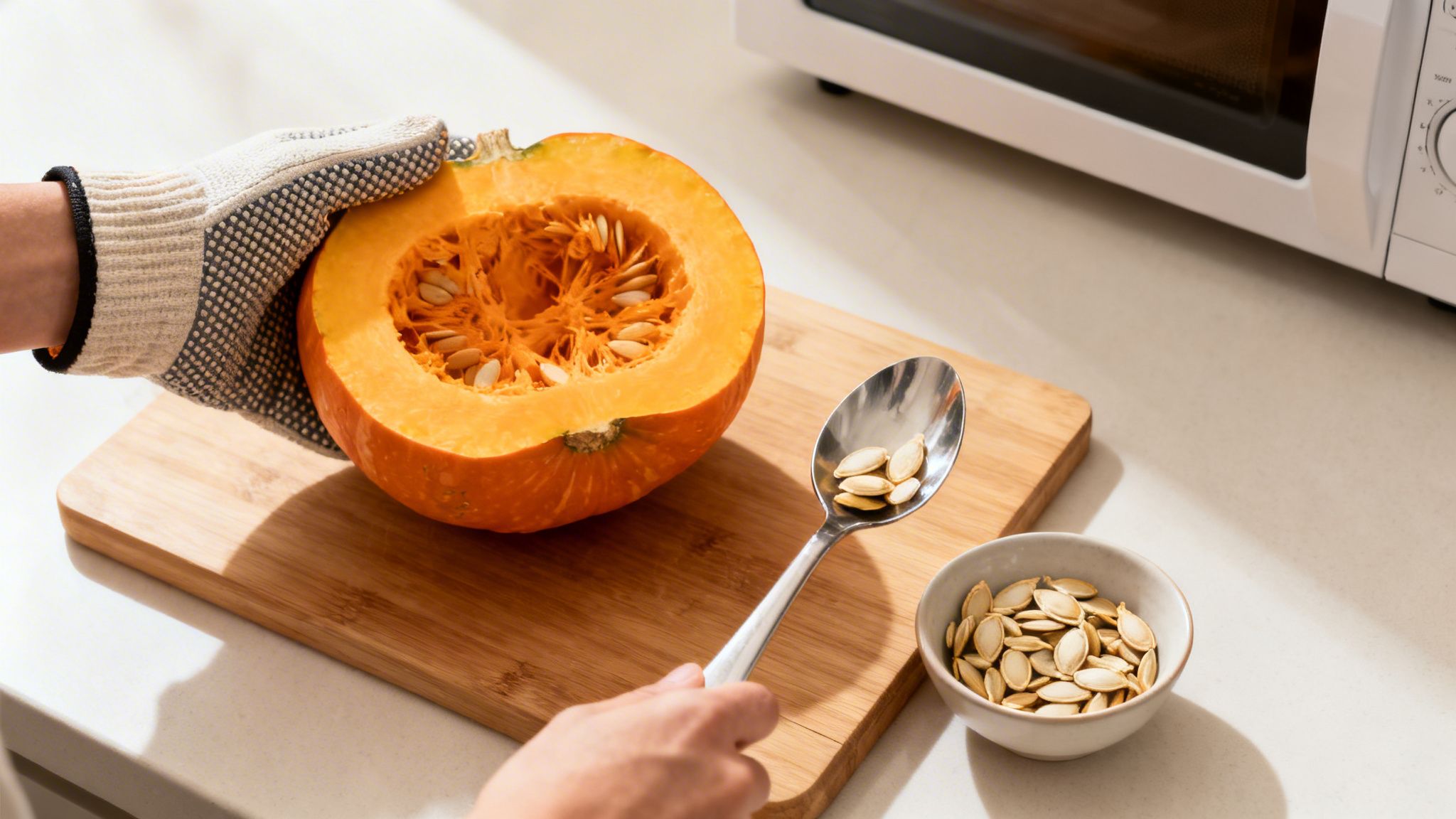 Manos con guante sosteniendo calabaza cortada con semillas en tabla de madera y cuchara.