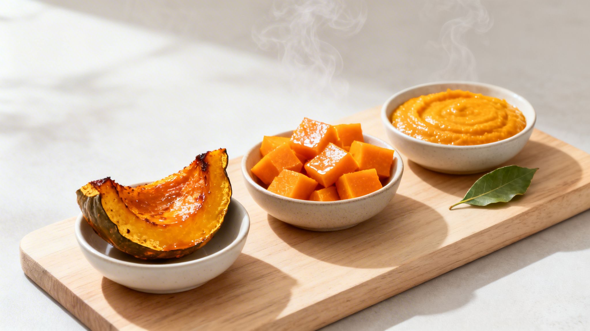 Varias preparaciones de calabaza caliente: una rodaja asada, cubos humeantes y un puré cremoso en cuencos sobre tabla de madera.