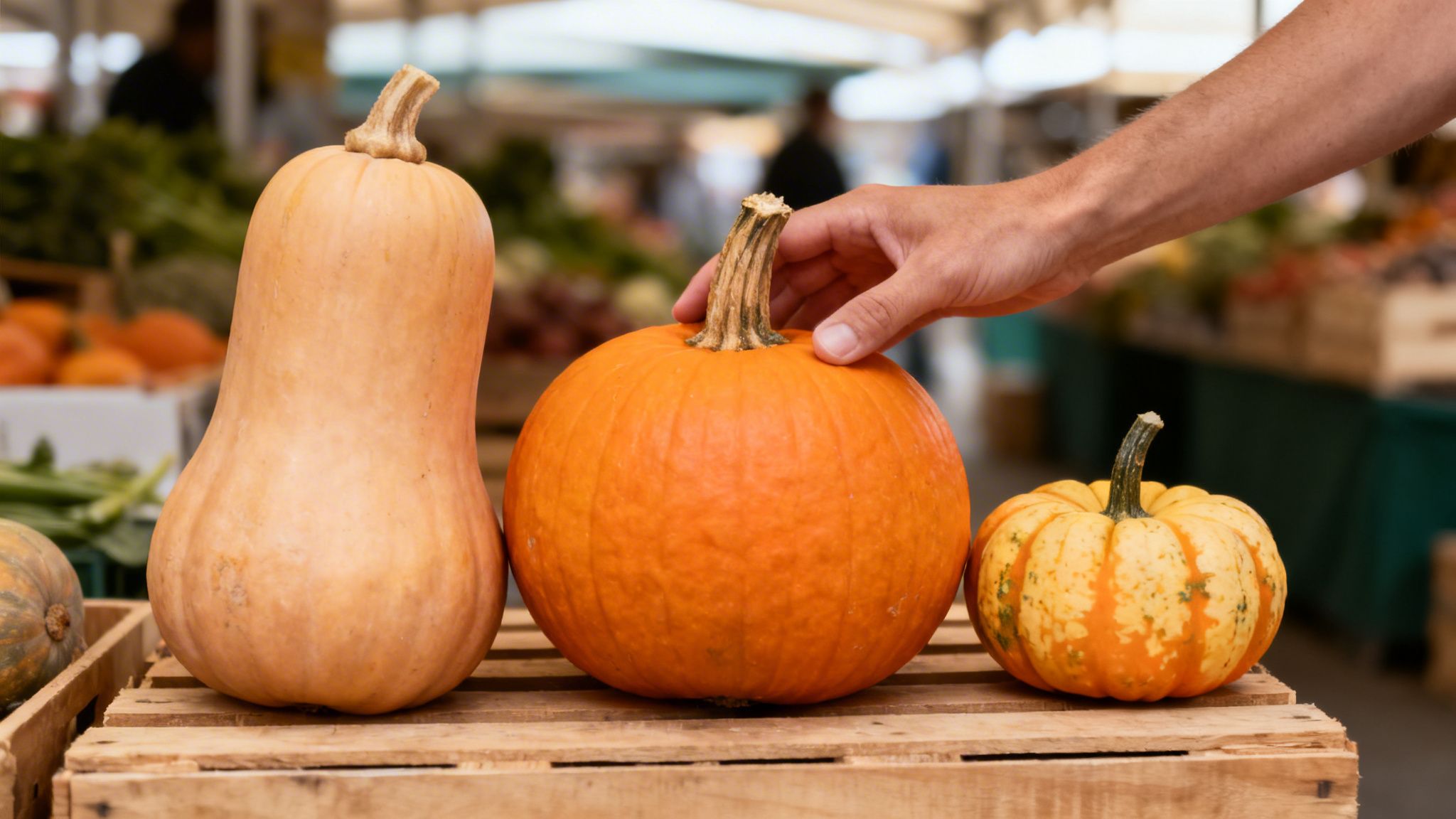 Variedad de calabazas y zapallos frescos en un mercado, una mano elige una calabaza naranja.