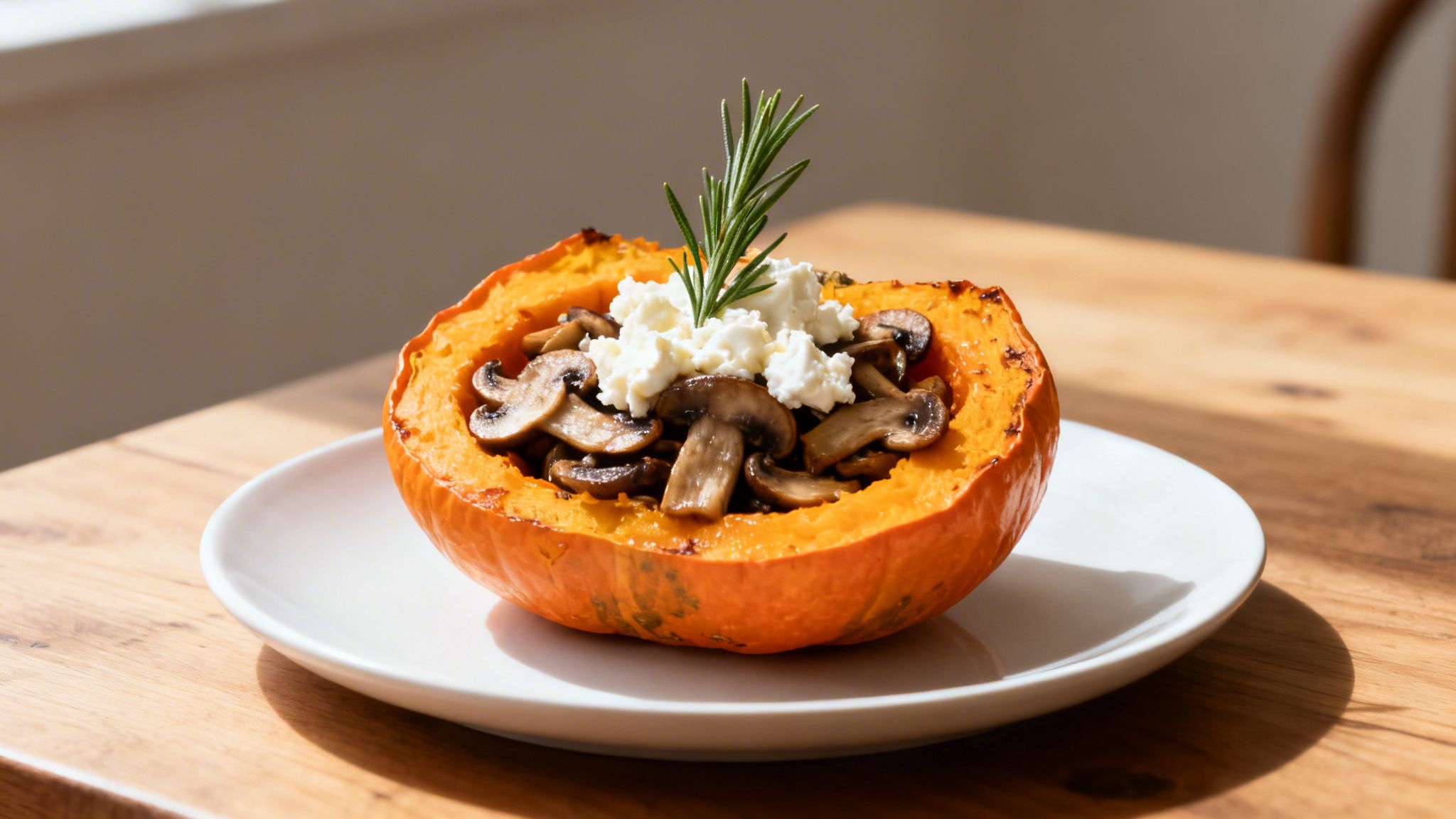 Media calabaza asada rellena de champiñones, queso y romero en un plato blanco sobre una mesa de madera.