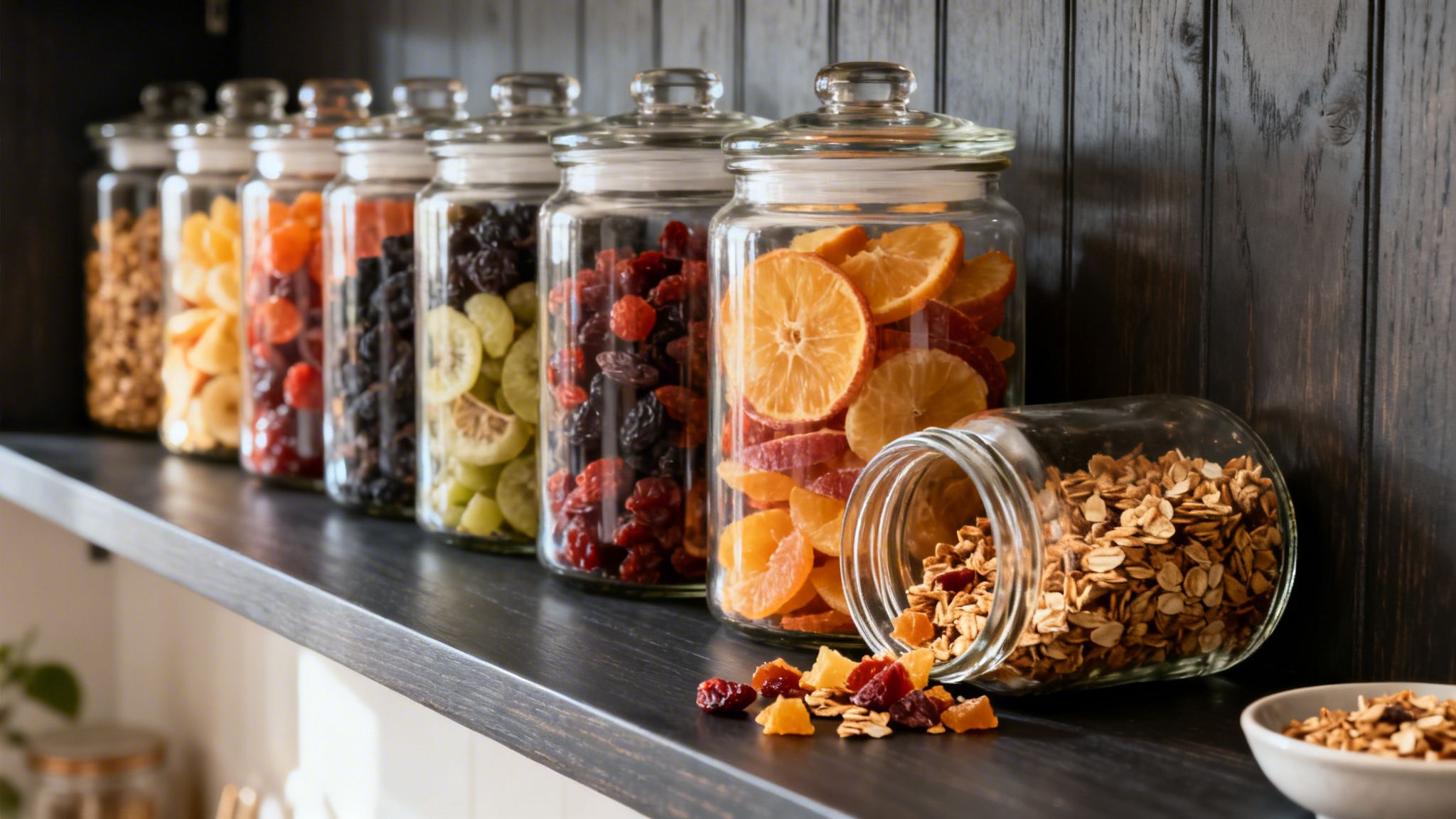 Tarros de vidrio llenos de frutas deshidratadas de colores y granola en una repisa oscura.
