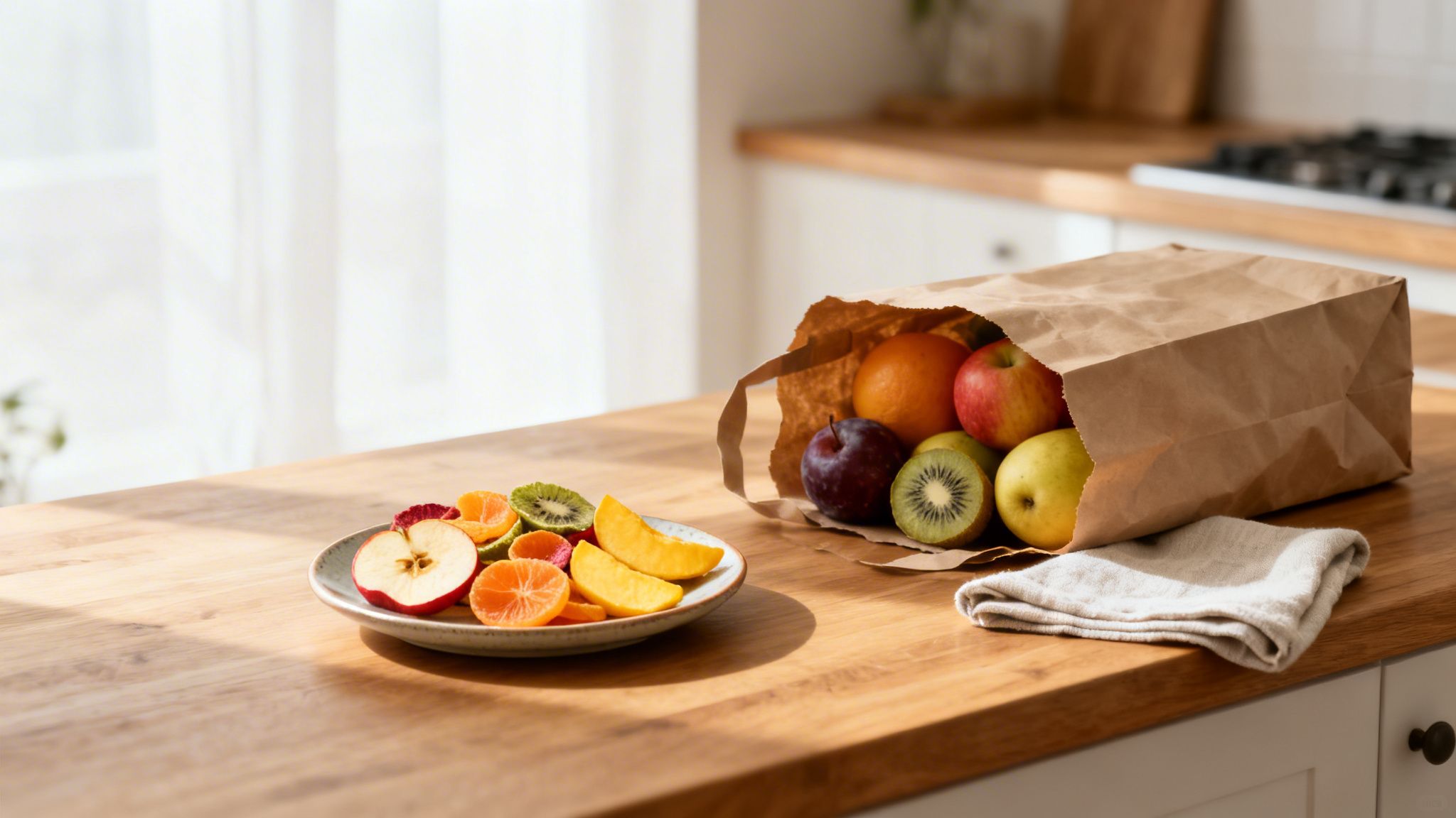 Frutas frescas enteras en una bolsa de papel y rodajas de frutas variadas en un plato, sobre una encimera de madera en una cocina luminosa.