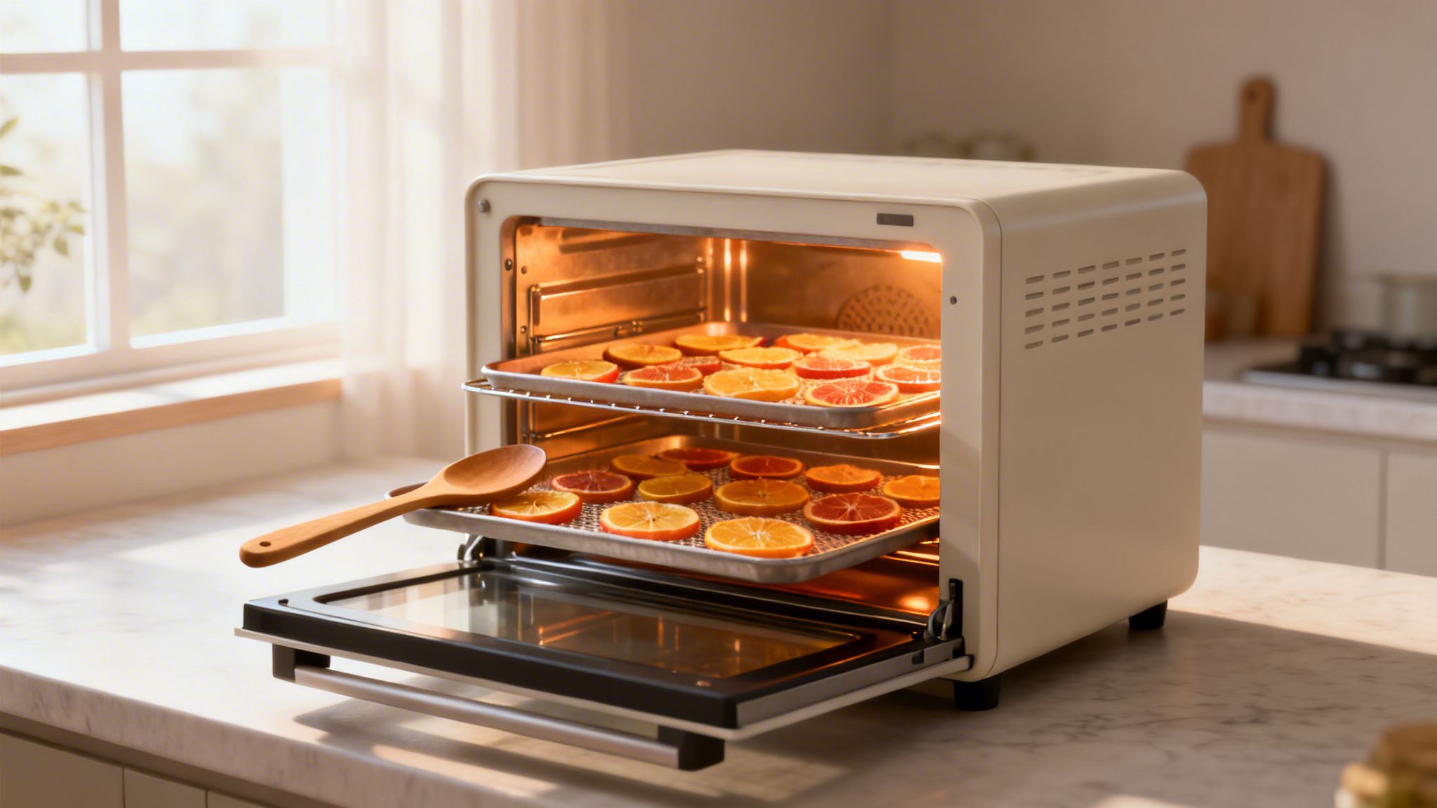 Horno eléctrico en una cocina soleada, deshidratando rodajas de naranja y pomelo en bandejas con una cuchara de madera.