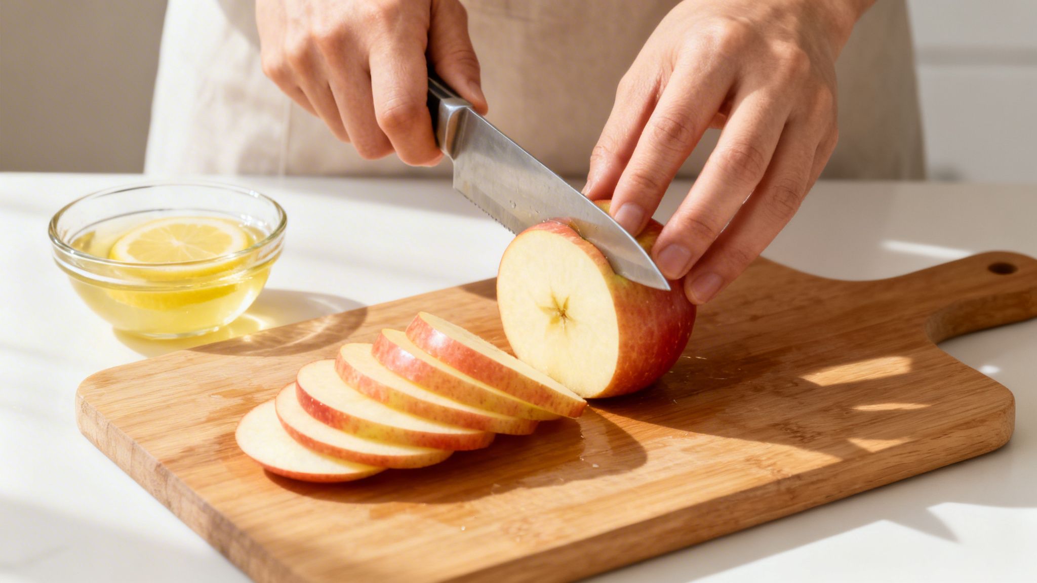 Una persona corta una manzana roja en rodajas sobre una tabla de madera, junto a un bol con agua y limón.