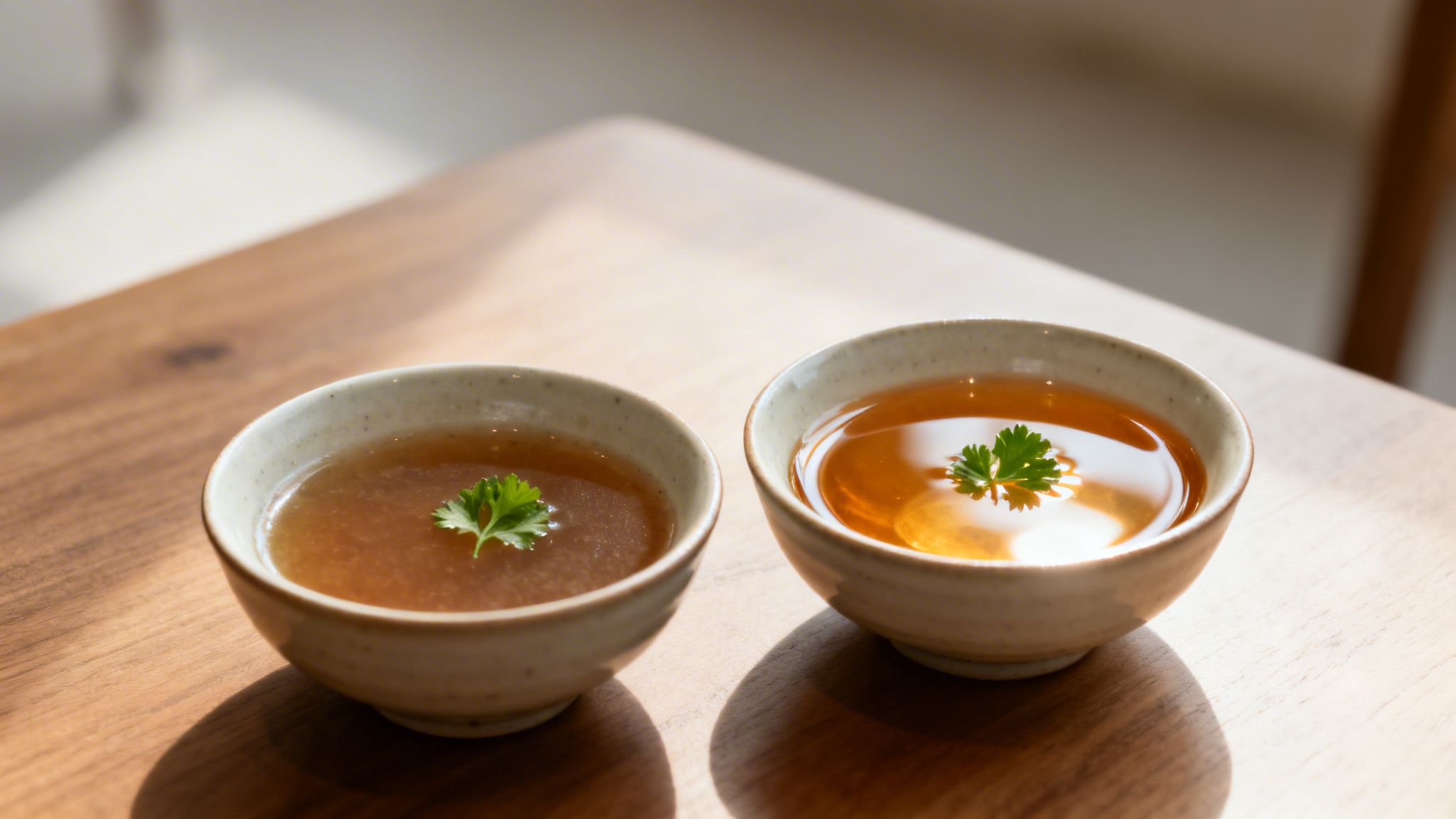 Dos cuencos de consomé caliente adornados con perejil fresco en una mesa de madera.