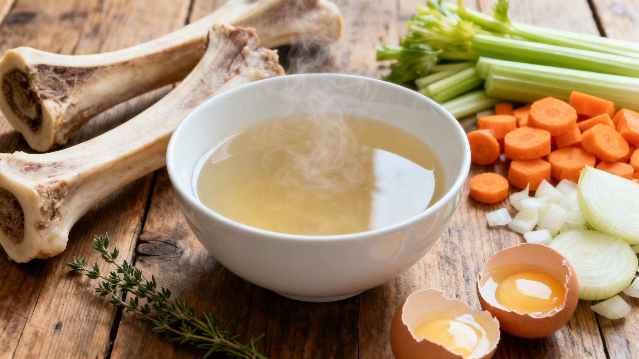 Tazón blanco lleno de consomé rodeado de verduras y huesos de carne
