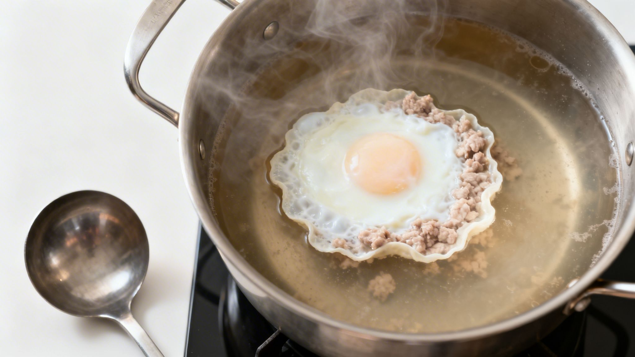 Huevo frito y carne molida cociéndose en una olla de caldo humeante, con un cucharón de metal al lado.