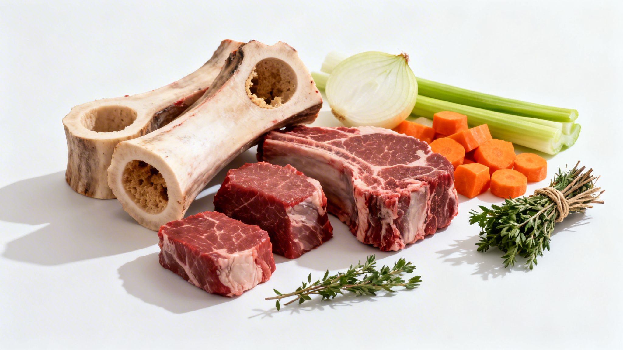 Ingredientes crudos para caldo de res: huesos de tuétano, carne, cebolla, apio, zanahoria y hierbas frescas.