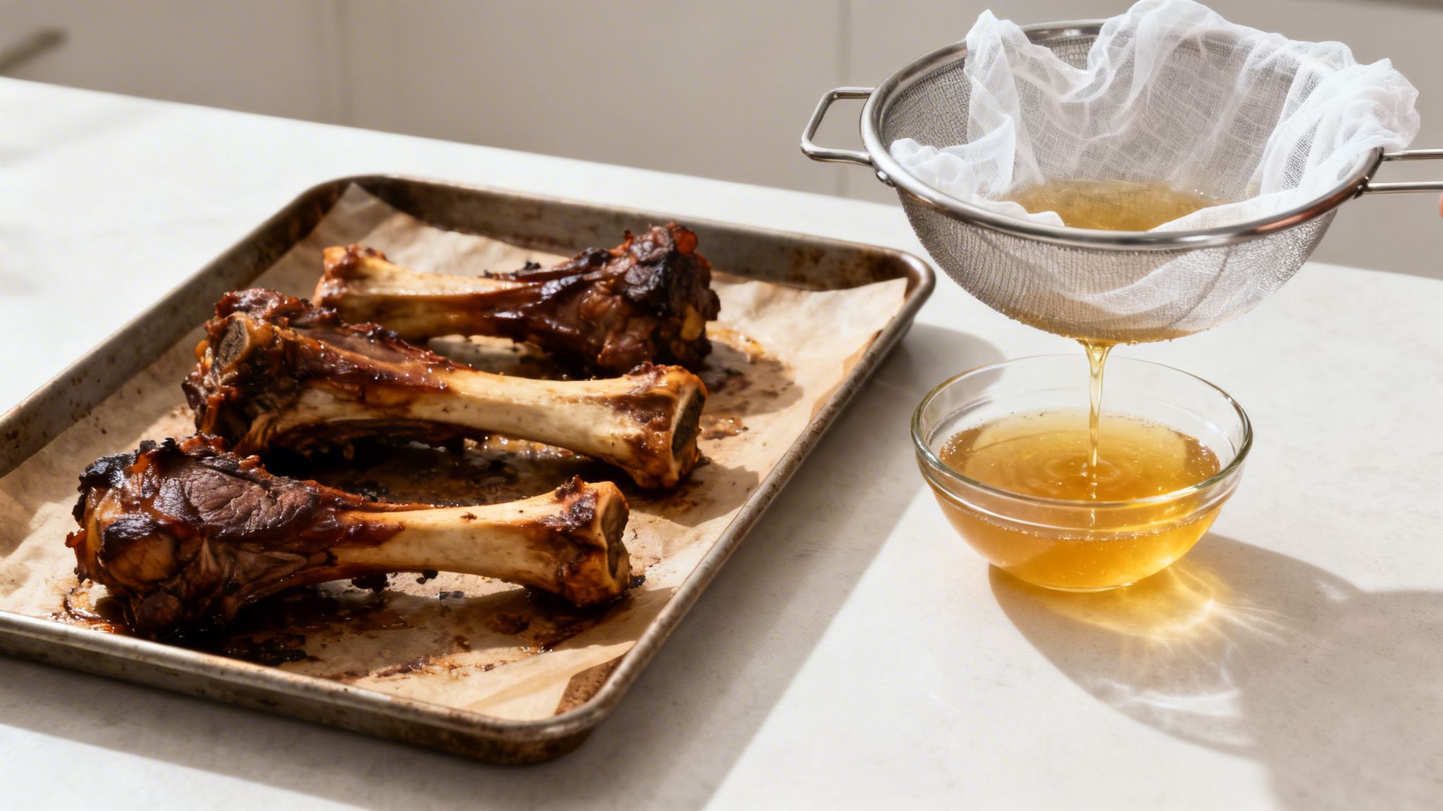 Huesos de carne asados en una bandeja y un consomé siendo colado en un tazón de vidrio.