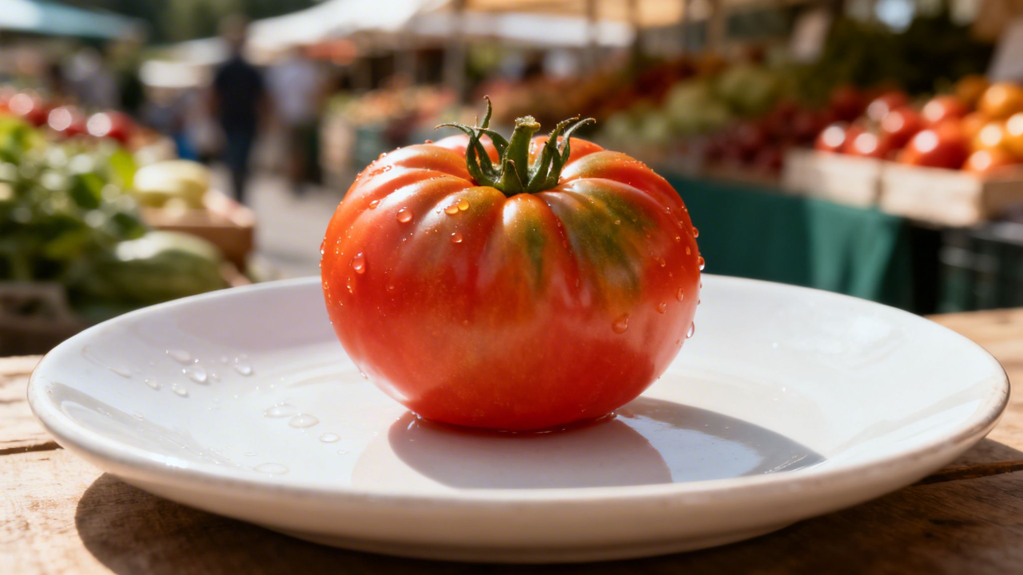 Un tomate fresco y húmedo, rojo con manchas verdes, en un plato blanco sobre una mesa de madera. Al fondo, un mercado de agricultores desenfocado.