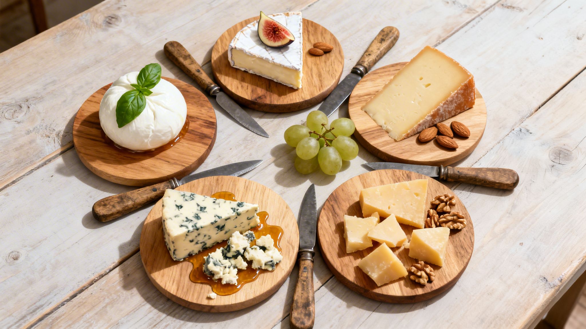 diferentes tipos de quesos en tablas de madera
