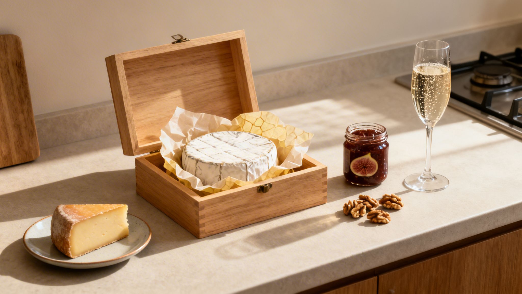 Tabla de quesos con brie, un trozo de queso, mermelada de higos, nueces y champán en cocina.