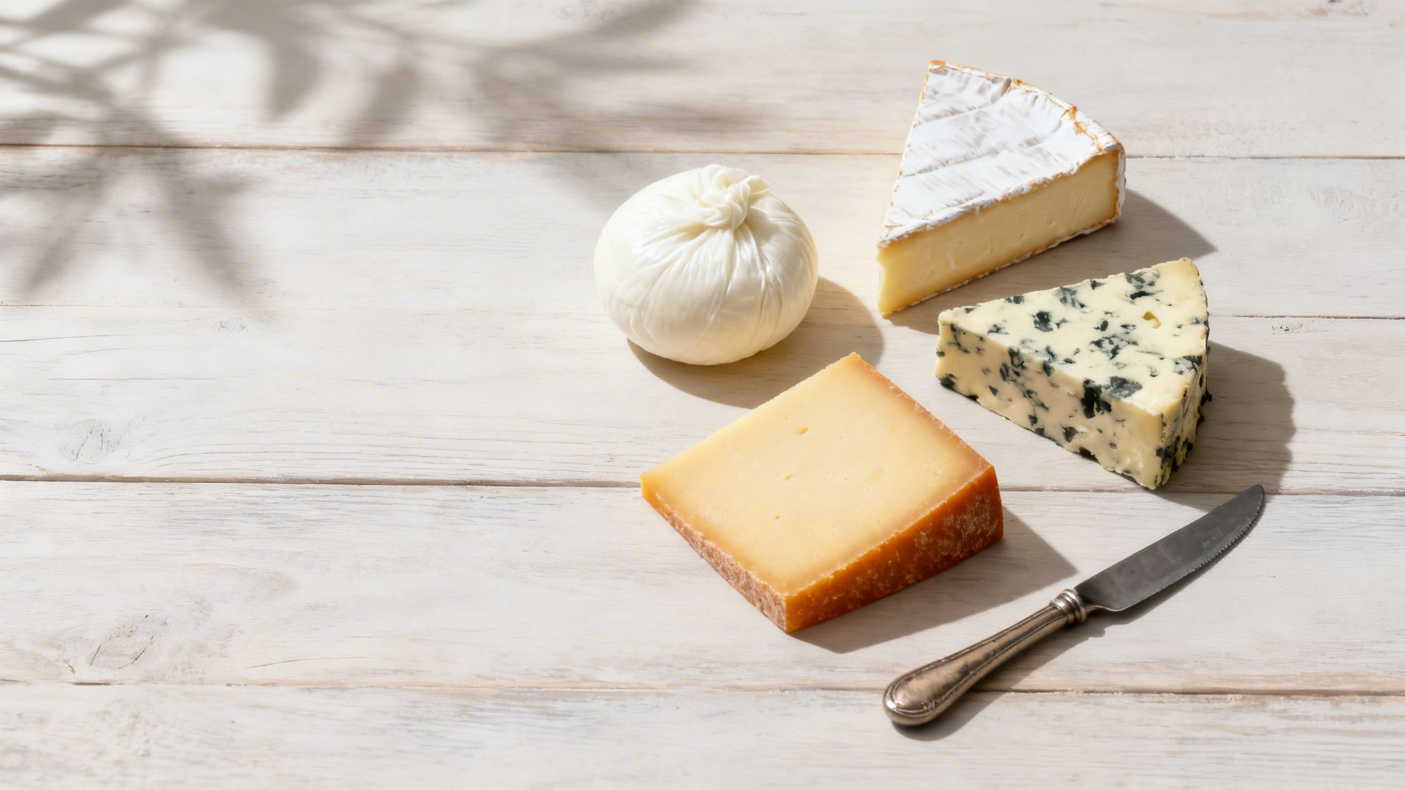 Variedad de quesos: burrata, brie, queso azul y maduro, con cuchillo en mesa de madera.