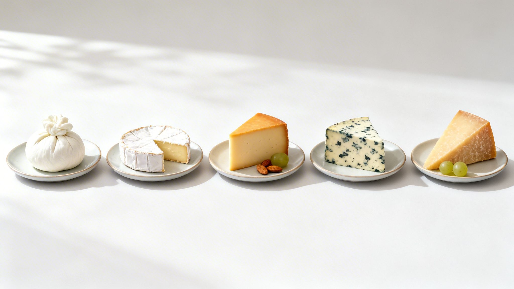 Cinco tipos de queso en platos, incluyendo burrata, brie, gouda, roquefort y parmesano, con uvas y almendras.