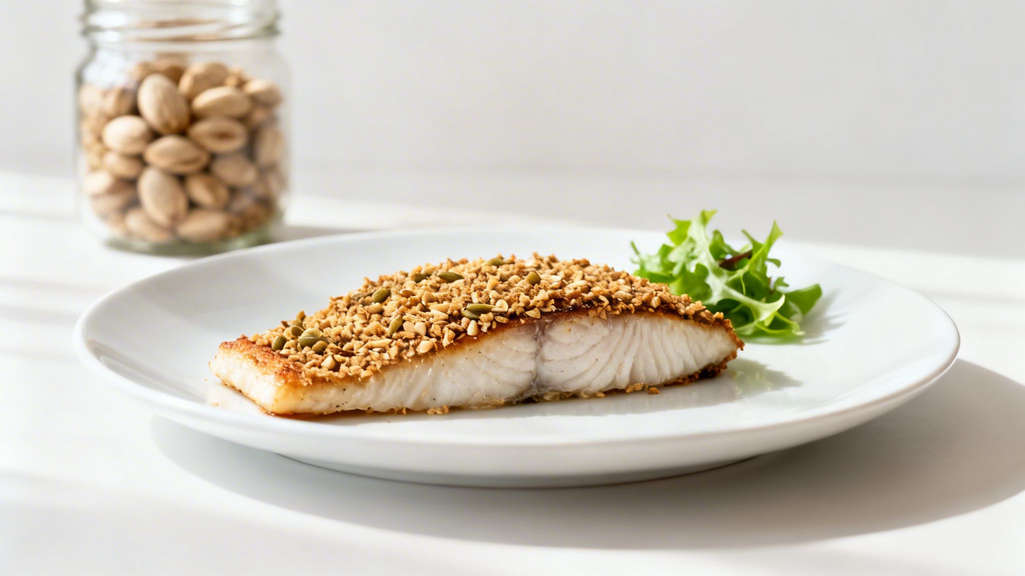 Pescado blanco con costra de frutos secos y semillas, acompañado de ensalada verde, con pistachos en un frasco.