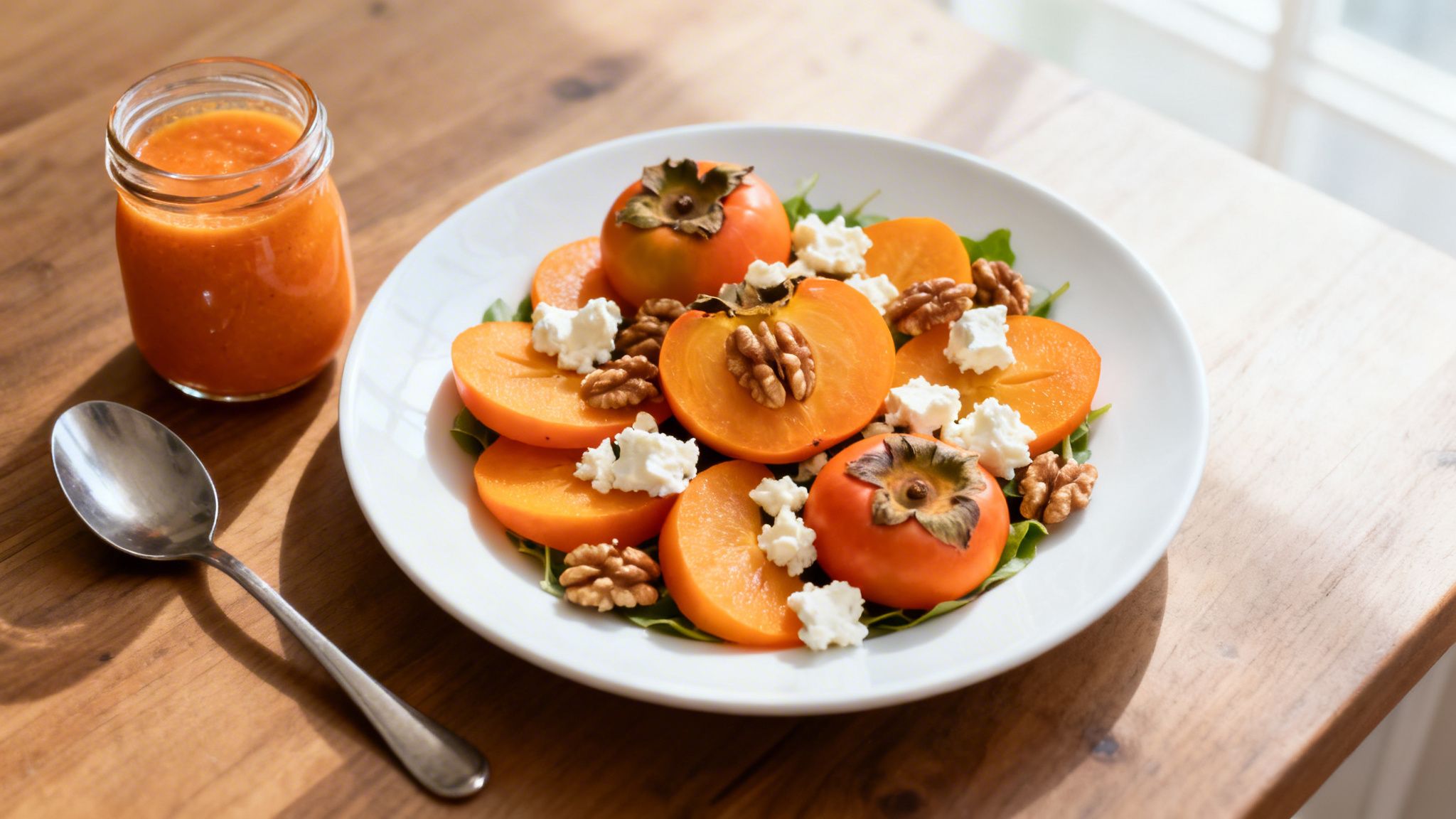 Ensalada fresca de caqui con nueces y queso cremoso, acompañada de aderezo naranja, sobre una mesa de madera soleada.